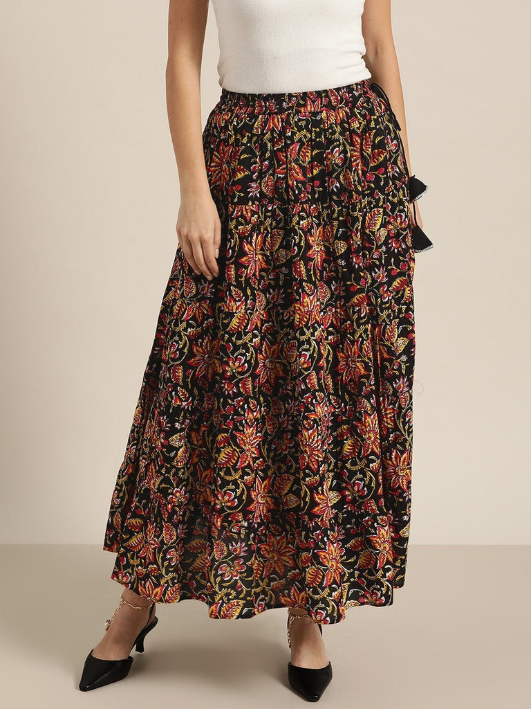 Women's Black Floral Tiered Skirt