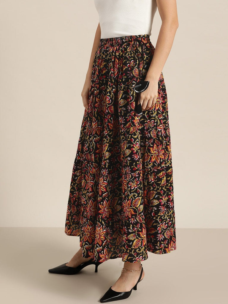 Women's Black Floral Tiered Skirt