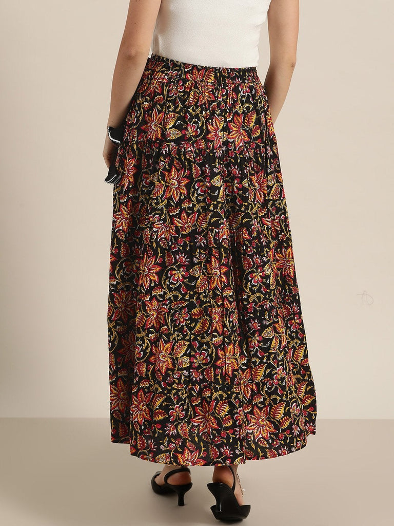 Women's Black Floral Tiered Skirt