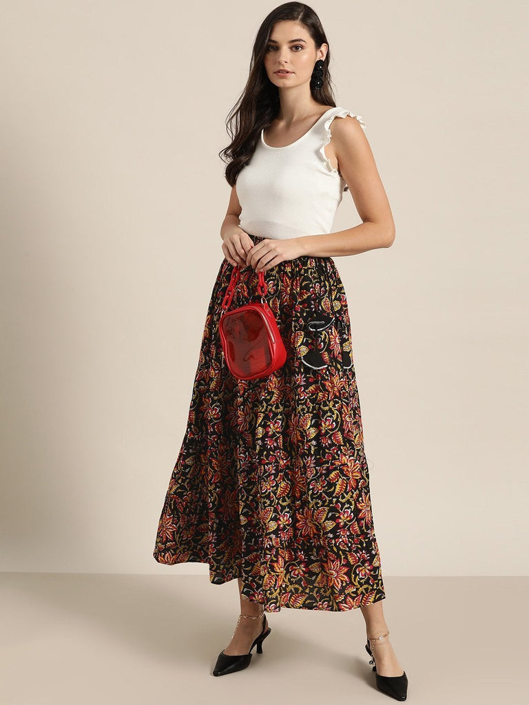 Women's Black Floral Tiered Skirt