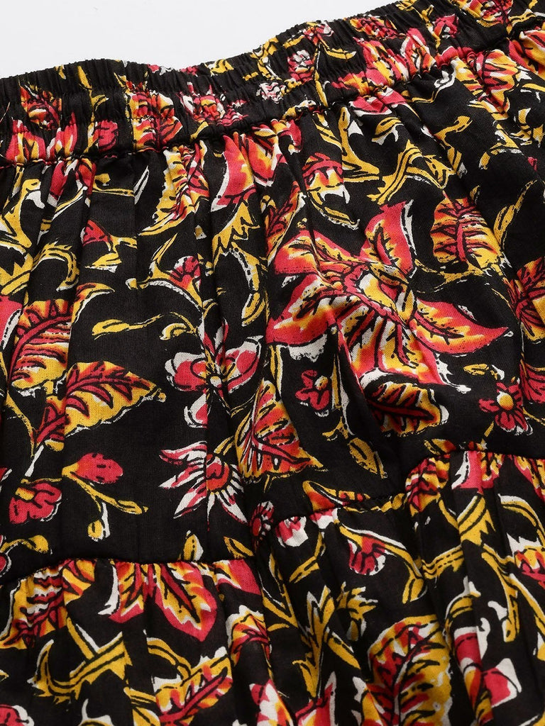 Women's Black Floral Tiered Skirt