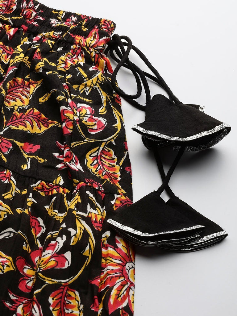 Women's Black Floral Tiered Skirt