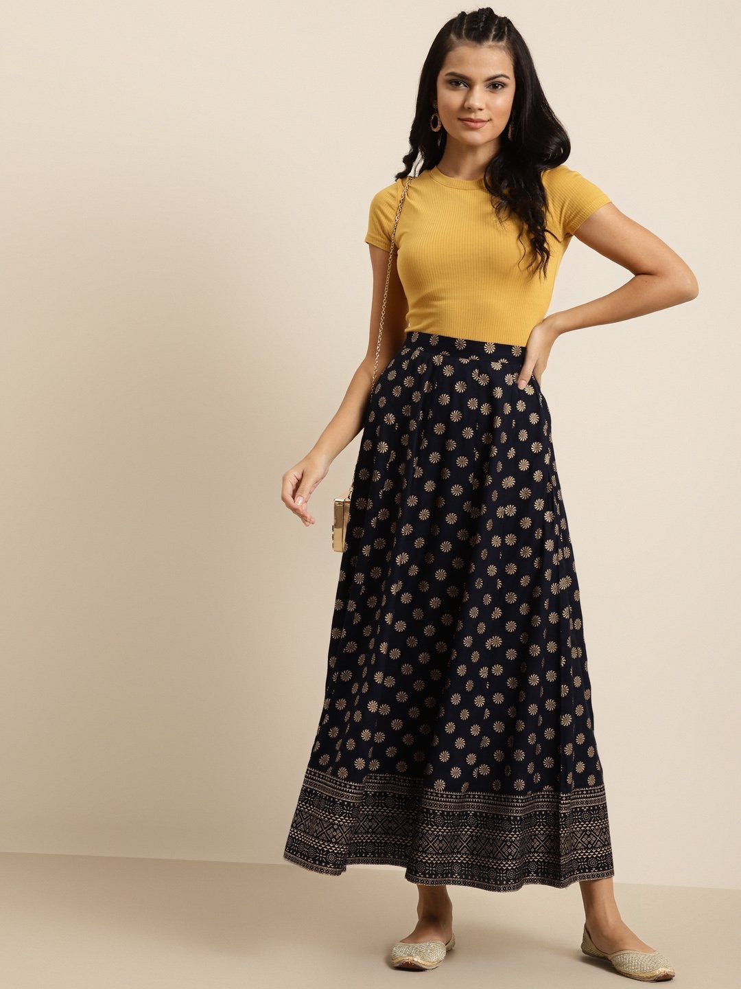 Women's Navy Foil Print Anarkali Skirt