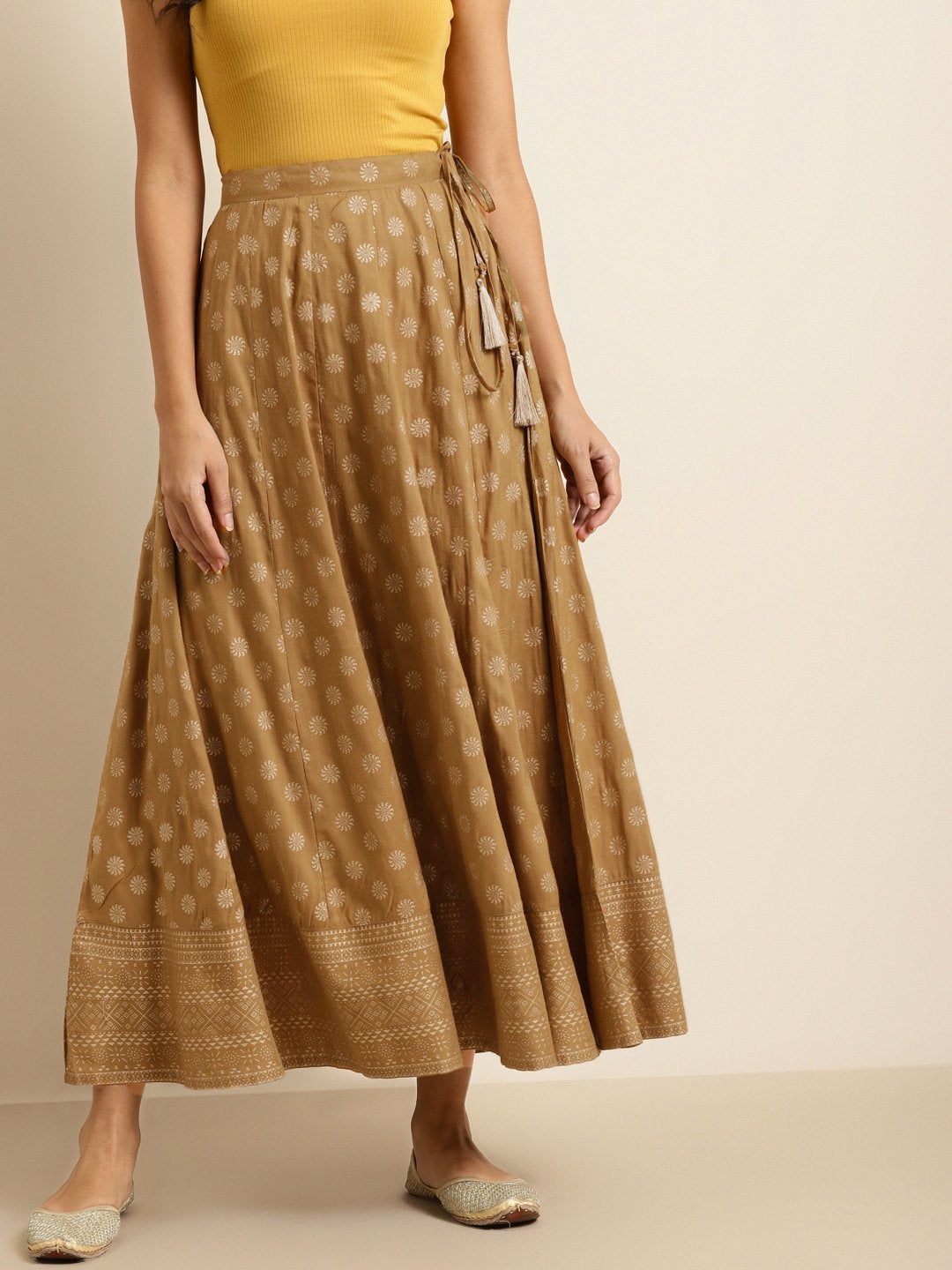Women's Mustard Foil Print Anarkali Skirt - SHAE