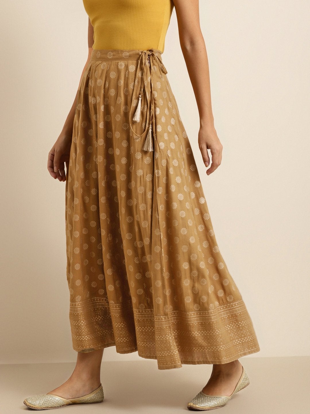 Women's Mustard Foil Print Anarkali Skirt - SHAE
