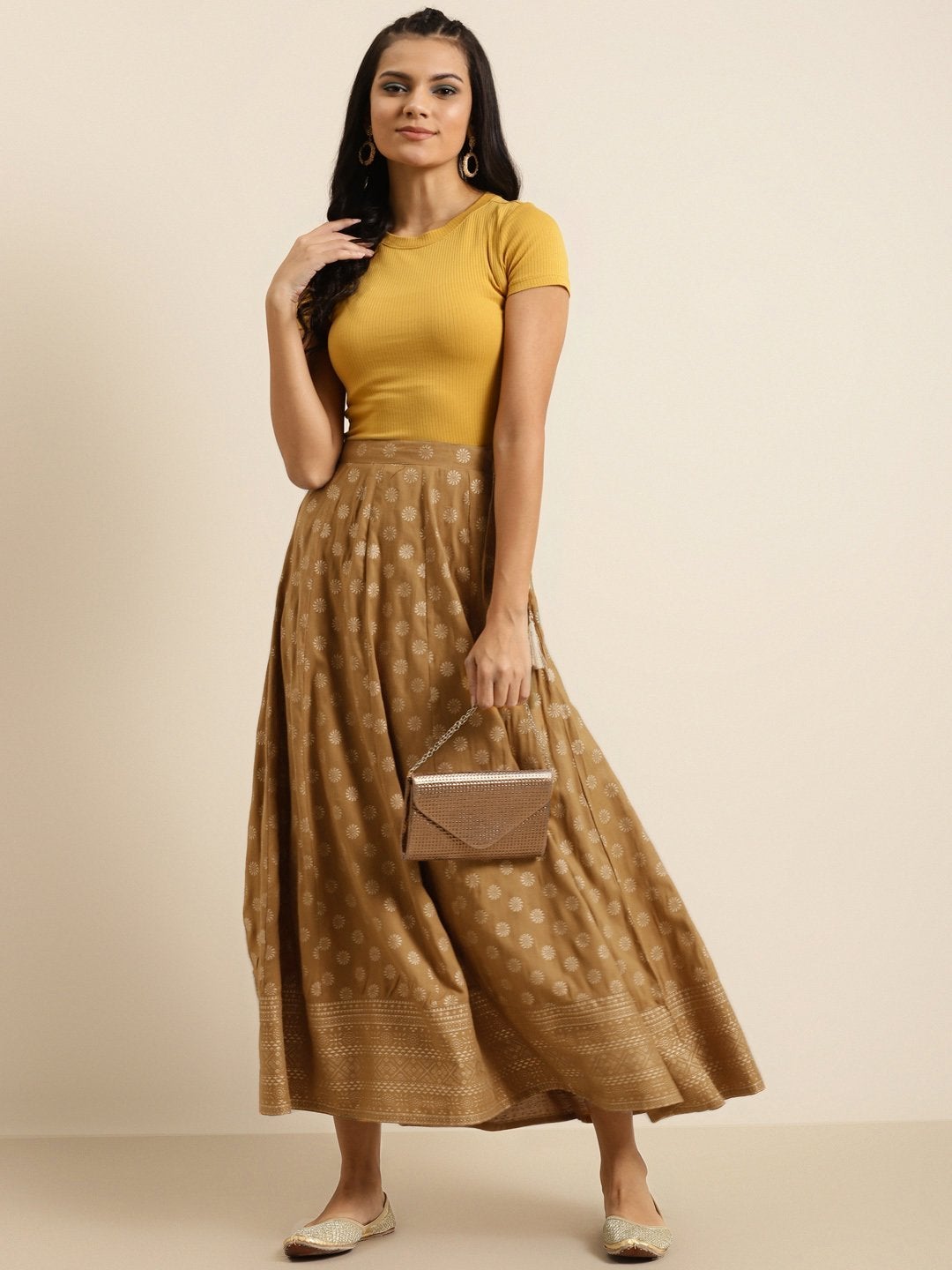Women's Mustard Foil Print Anarkali Skirt - SHAE