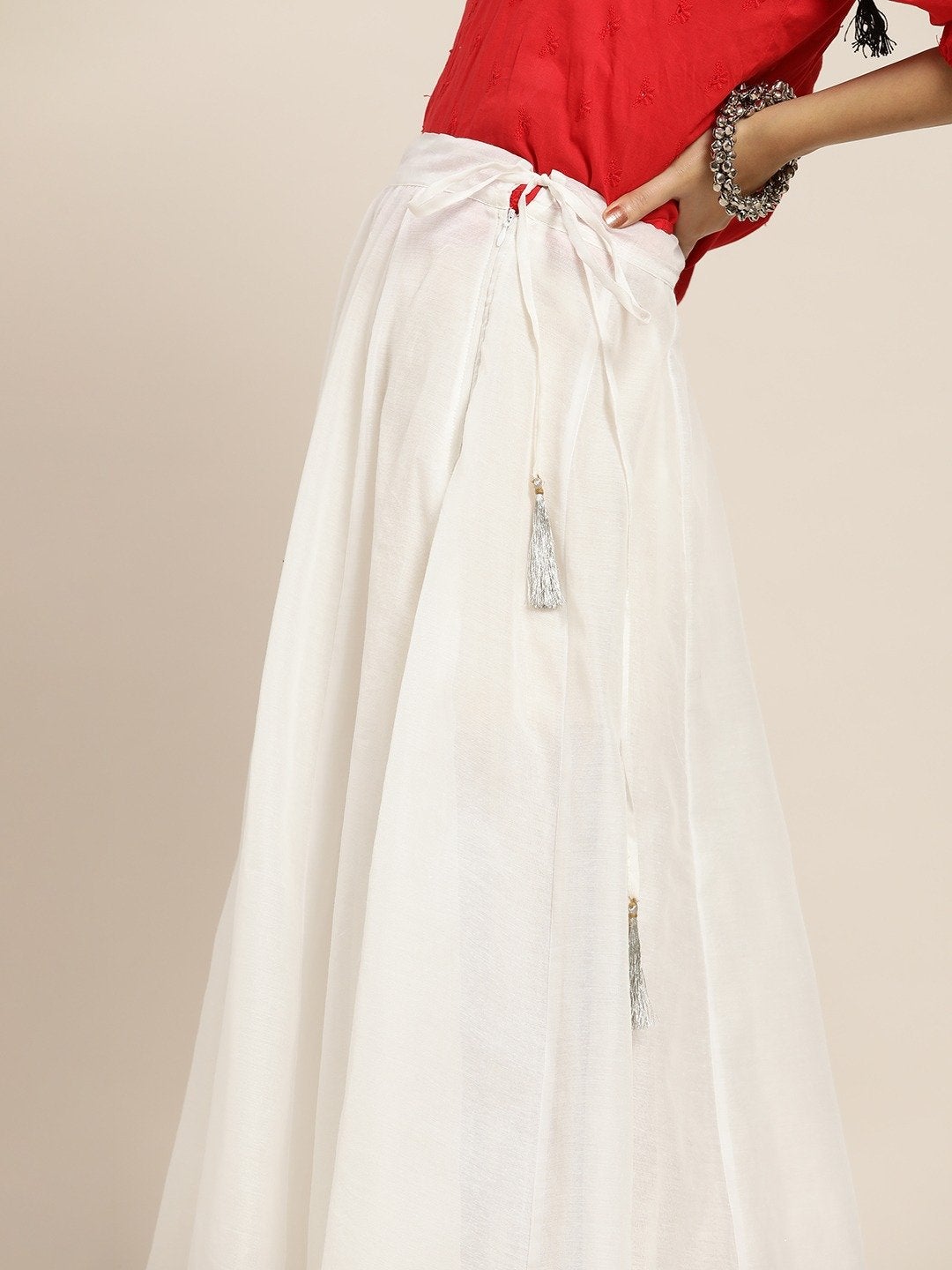 Women's White Zari Tassels Anarkali Skirt - SHAE