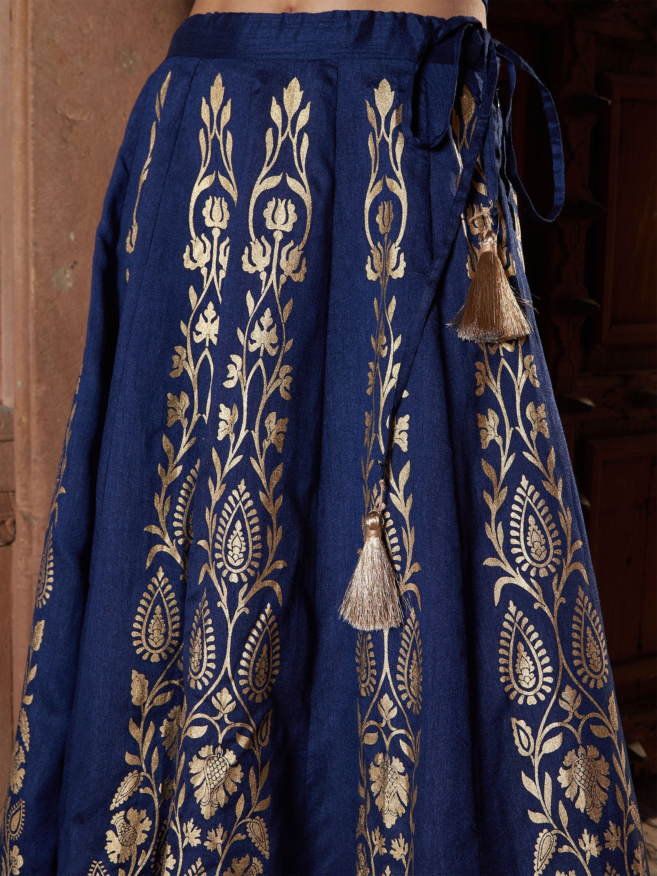 Women's Navy Floral Foil Print Anarkali Skirt - SASSAFRAS