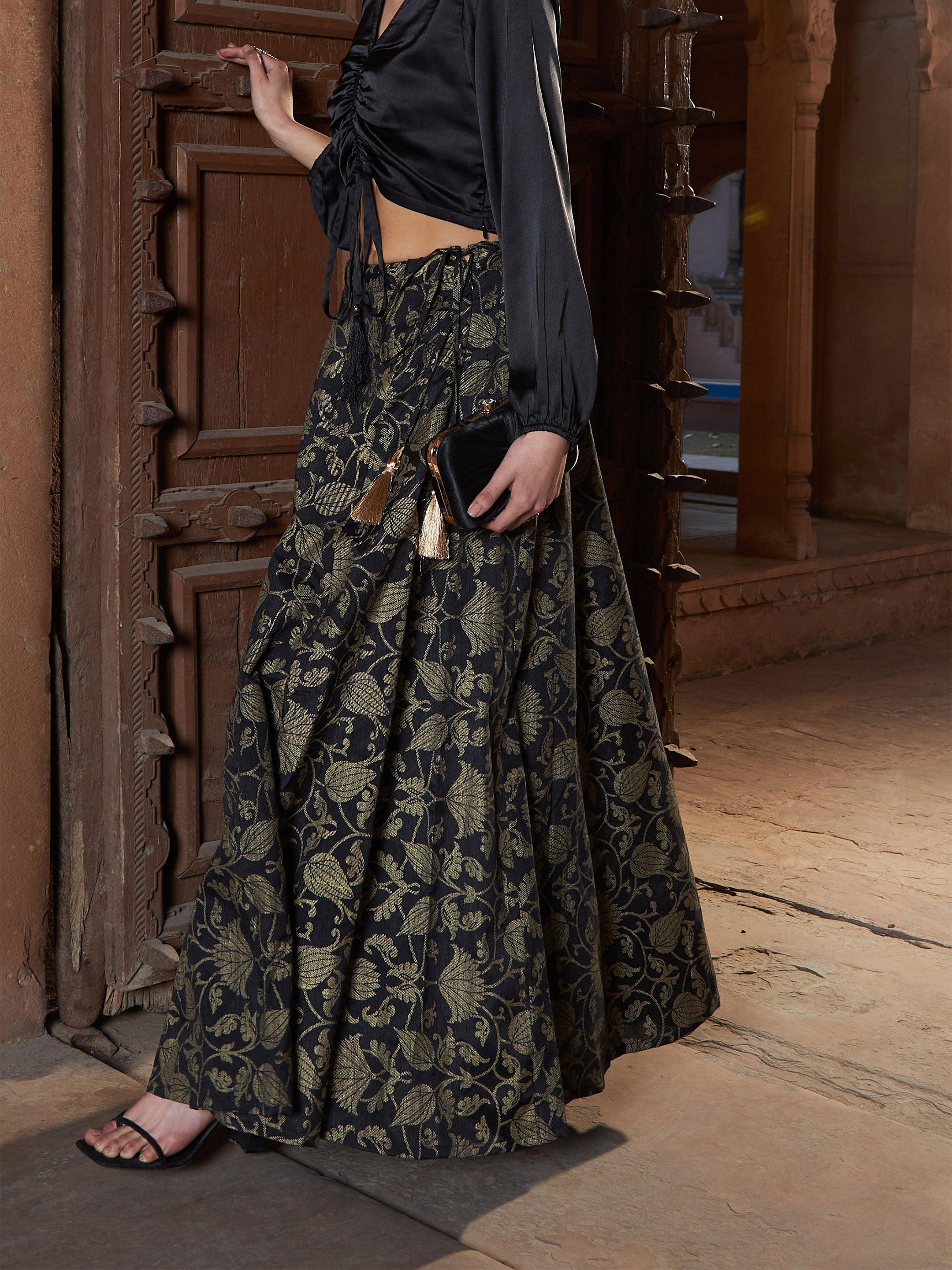 Women's Black Brocade Jacquard Anarkali Skirt - SASSAFRAS