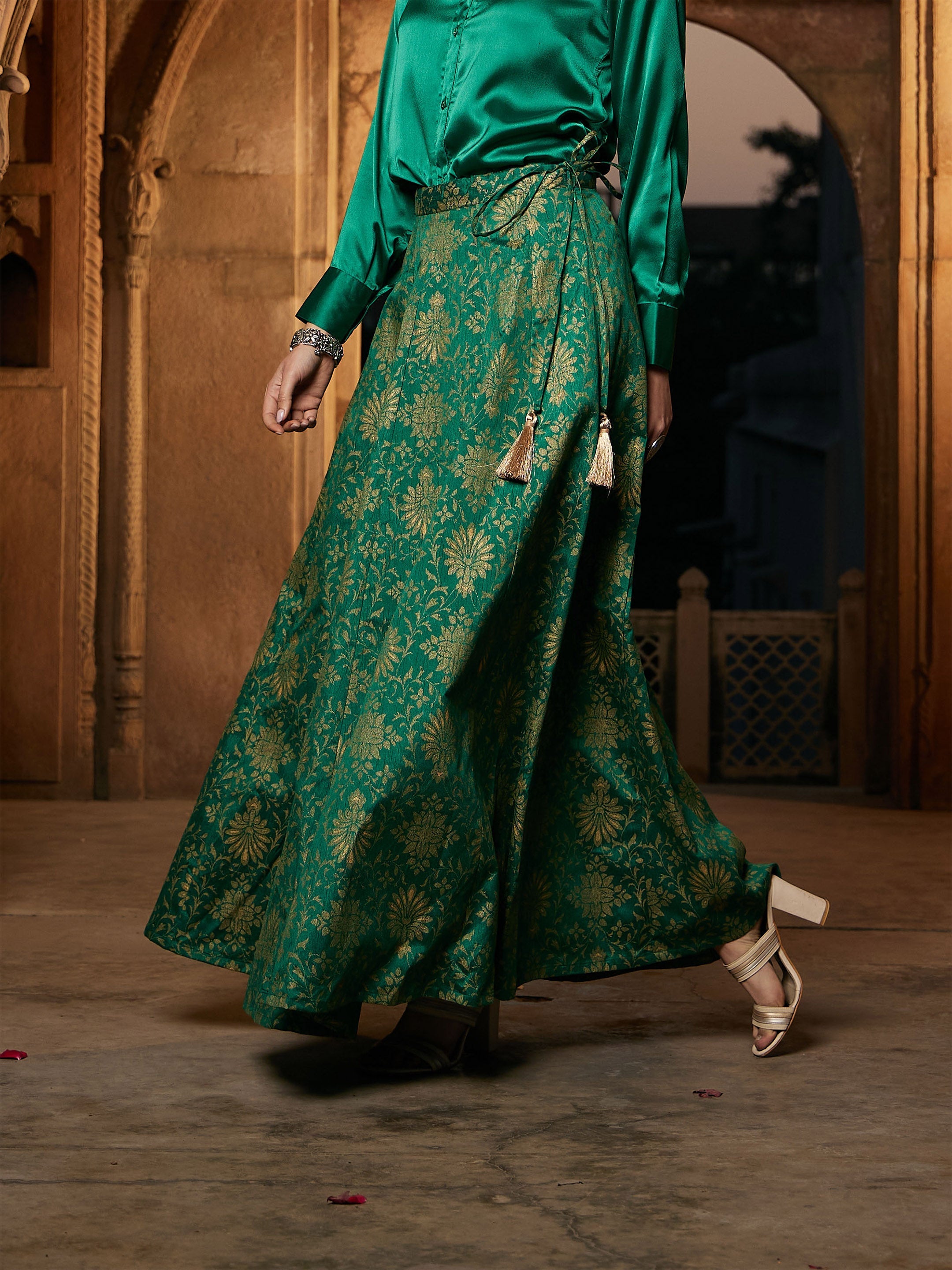 Women's Green Brocade Jacquard Anarakali Skirt - SASSAFRAS