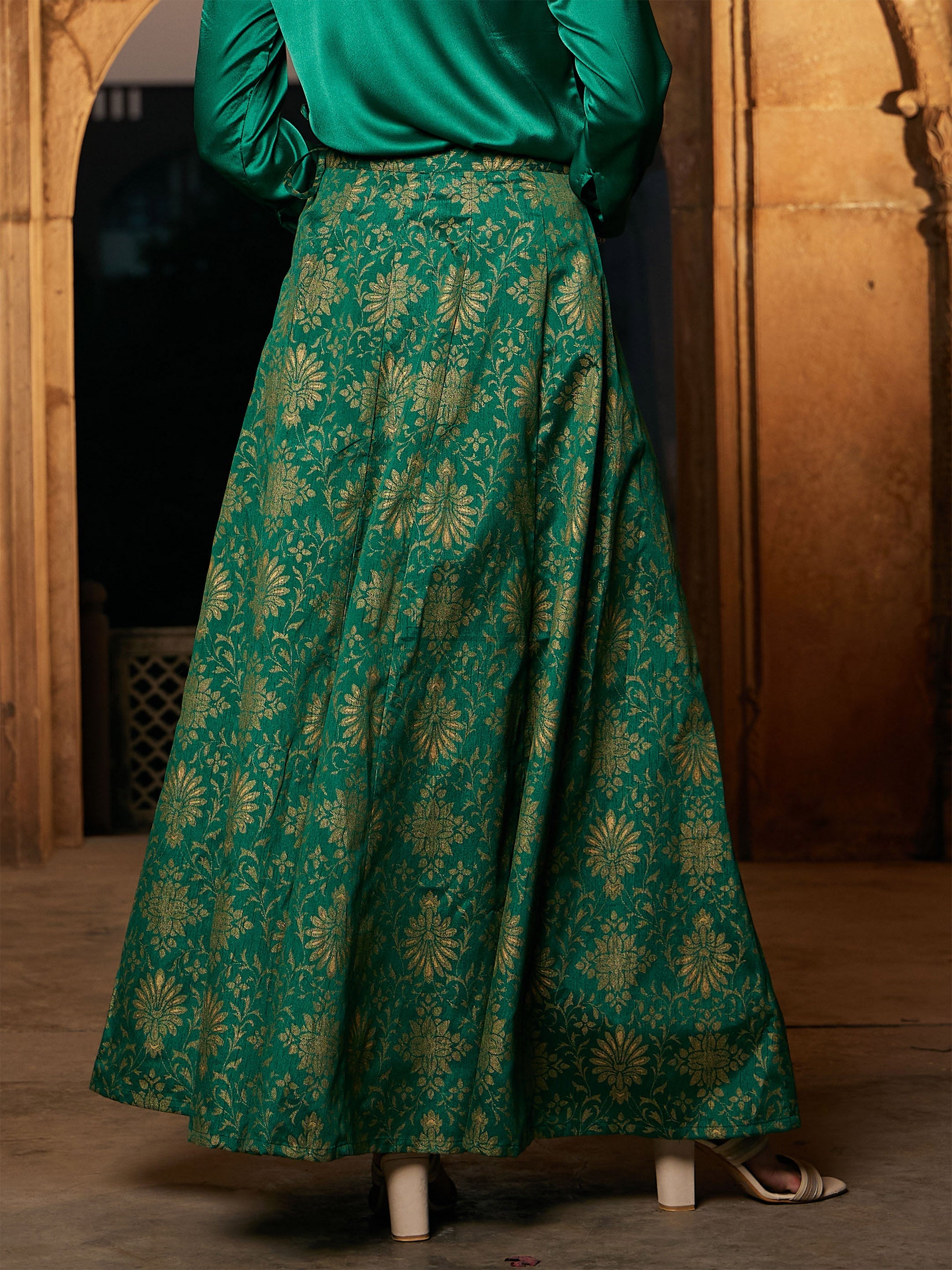 Women's Green Brocade Jacquard Anarakali Skirt - SASSAFRAS