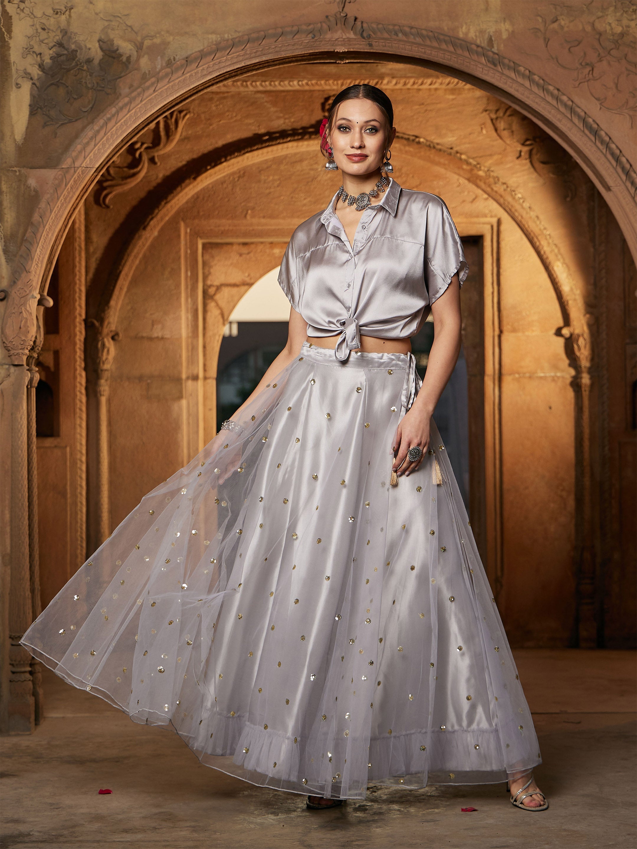 Women's Grey Tulle Sequin Anarkali Skirt - SASSAFRAS