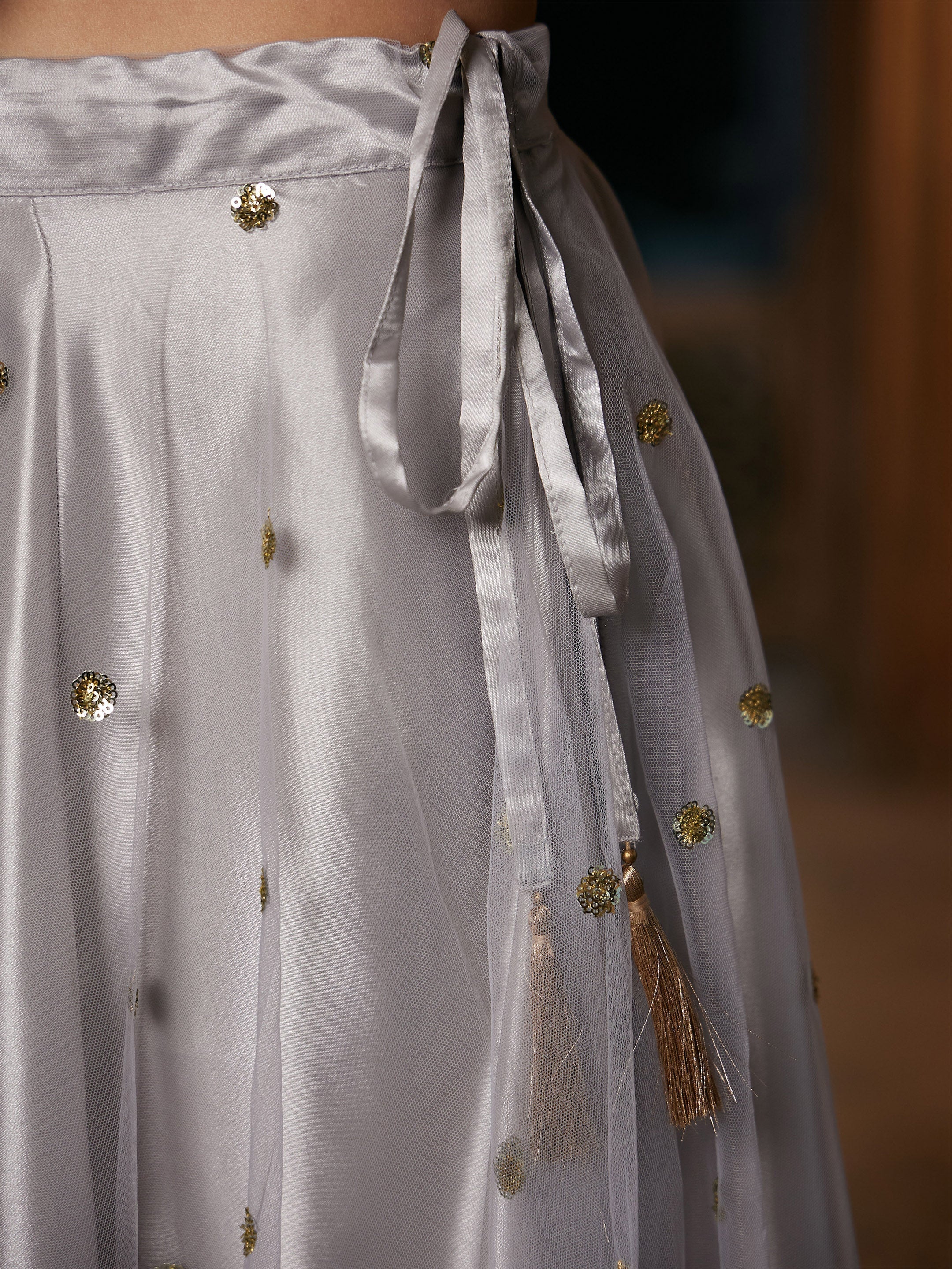 Women's Grey Tulle Sequin Anarkali Skirt - SASSAFRAS