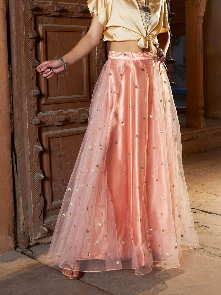 Women's Peach Tulle Sequin Anarkali Skirt