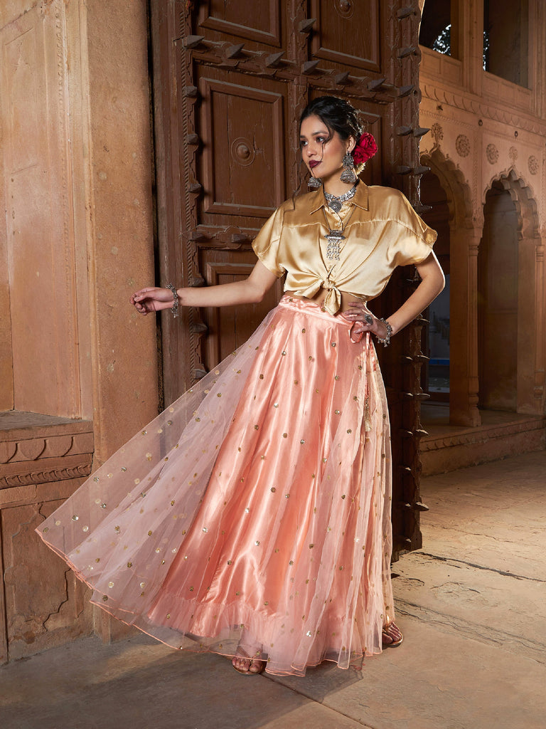 Women's Peach Tulle Sequin Anarkali Skirt