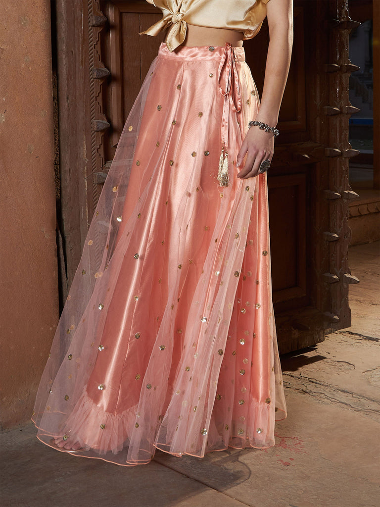 Women's Peach Tulle Sequin Anarkali Skirt