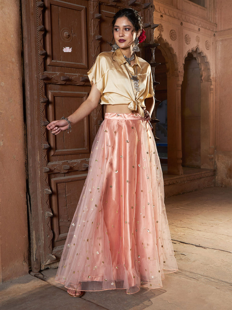 Women's Peach Tulle Sequin Anarkali Skirt