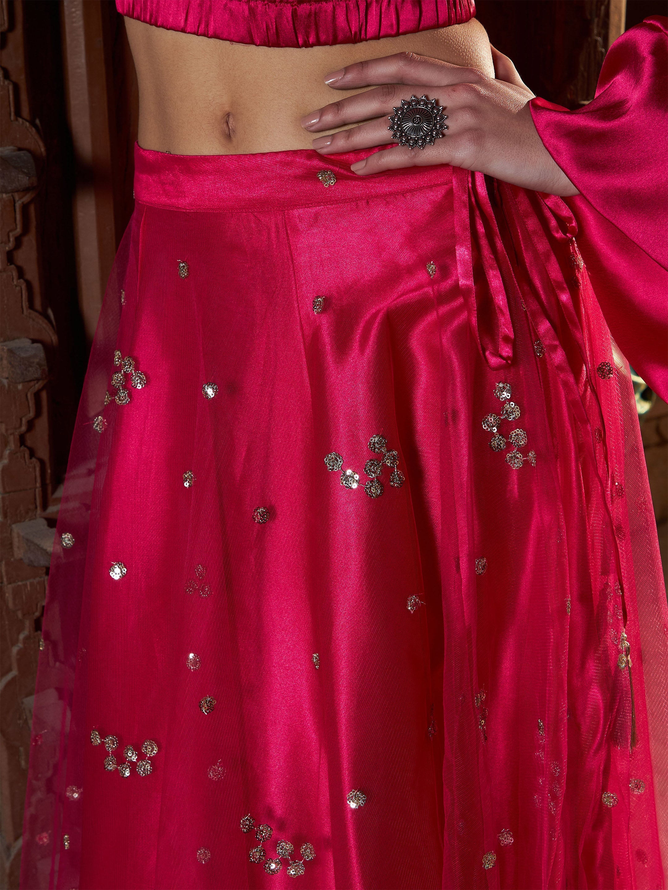 Women's Fuchsia Tulle Sequin Bias Flare Anarkali Skirt - SASSAFRAS