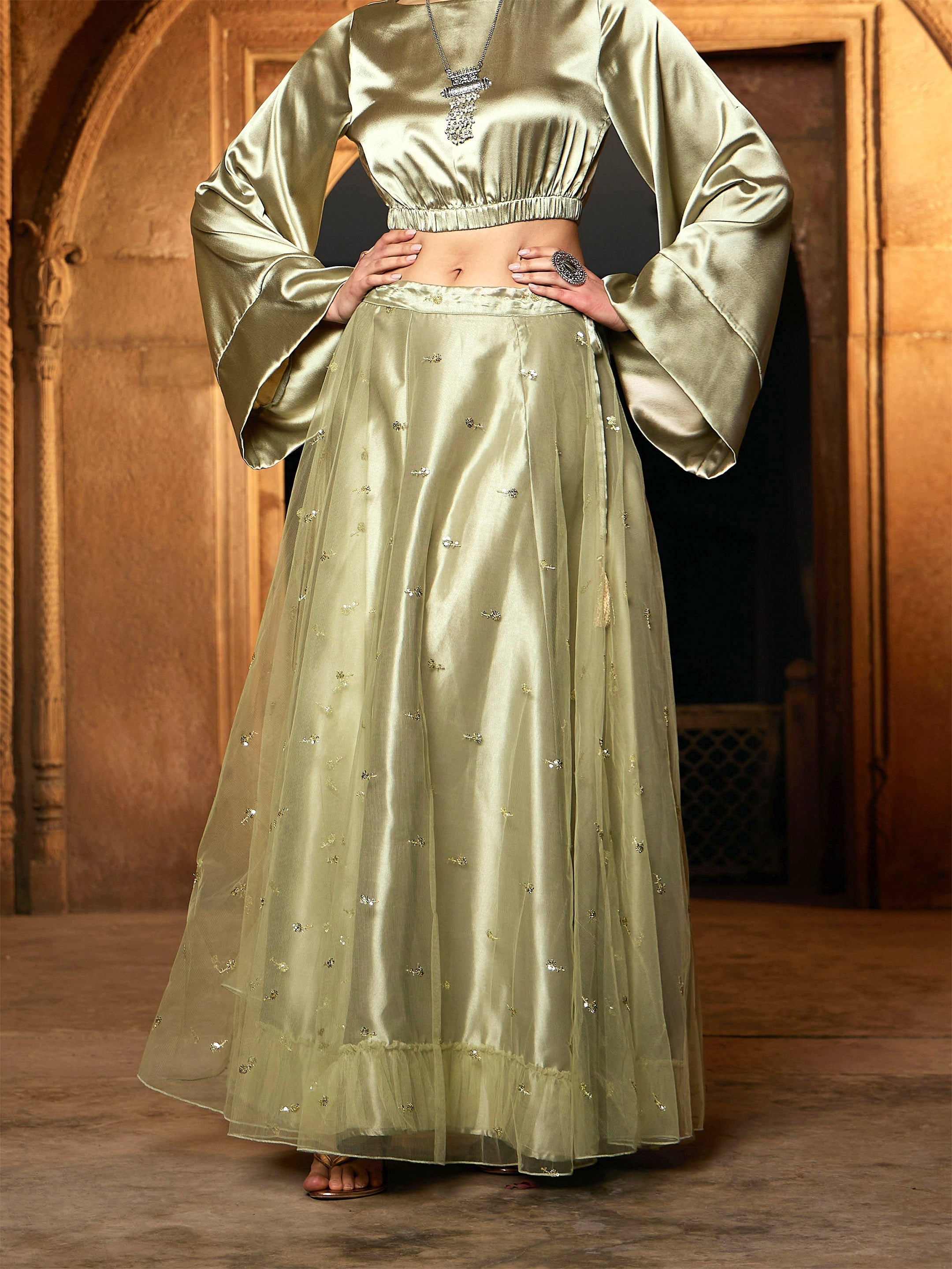Women's Olive Tulle Sequin Anarkali Skirt - SASSAFRAS