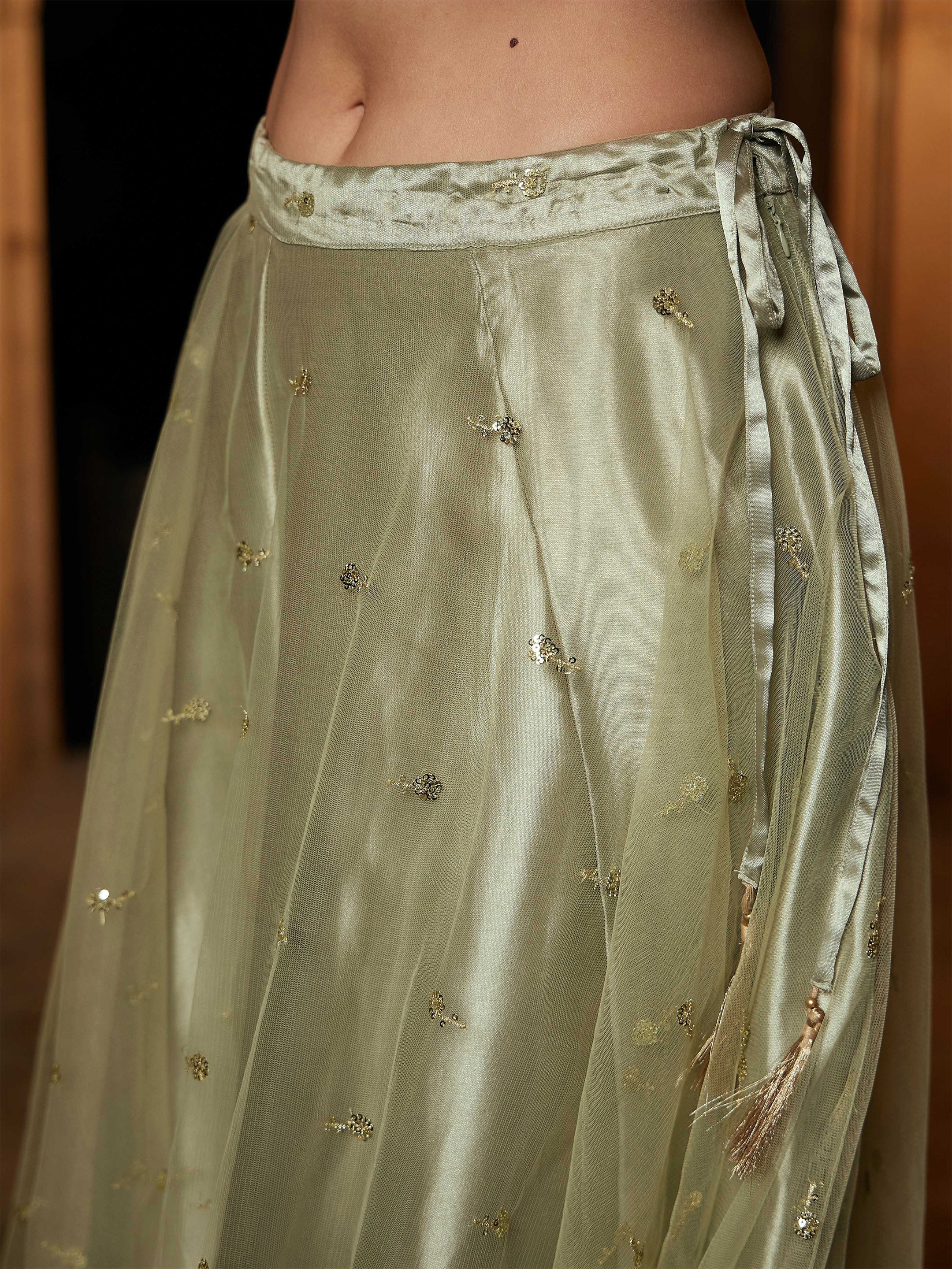 Women's Olive Tulle Sequin Anarkali Skirt - SASSAFRAS