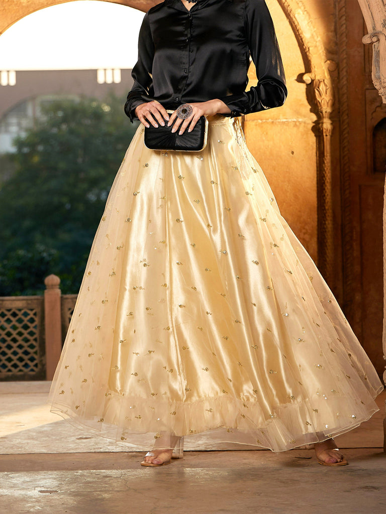 Women's Gold Tulle Sequin Anarkali Skirt