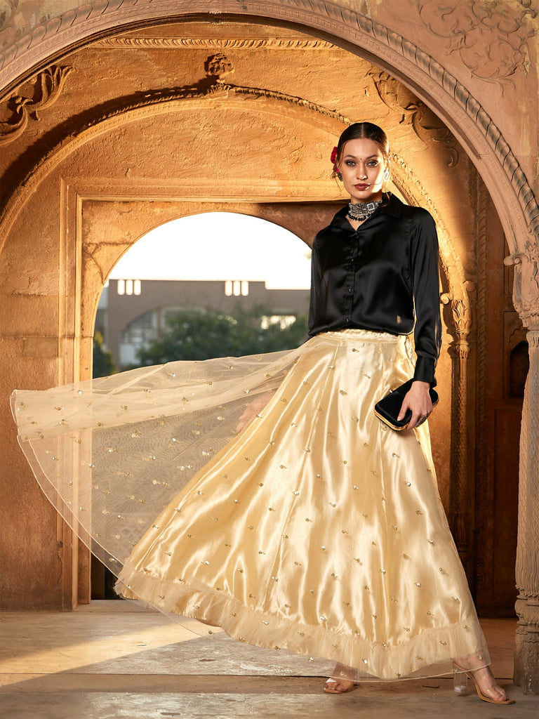 Women's Gold Tulle Sequin Anarkali Skirt