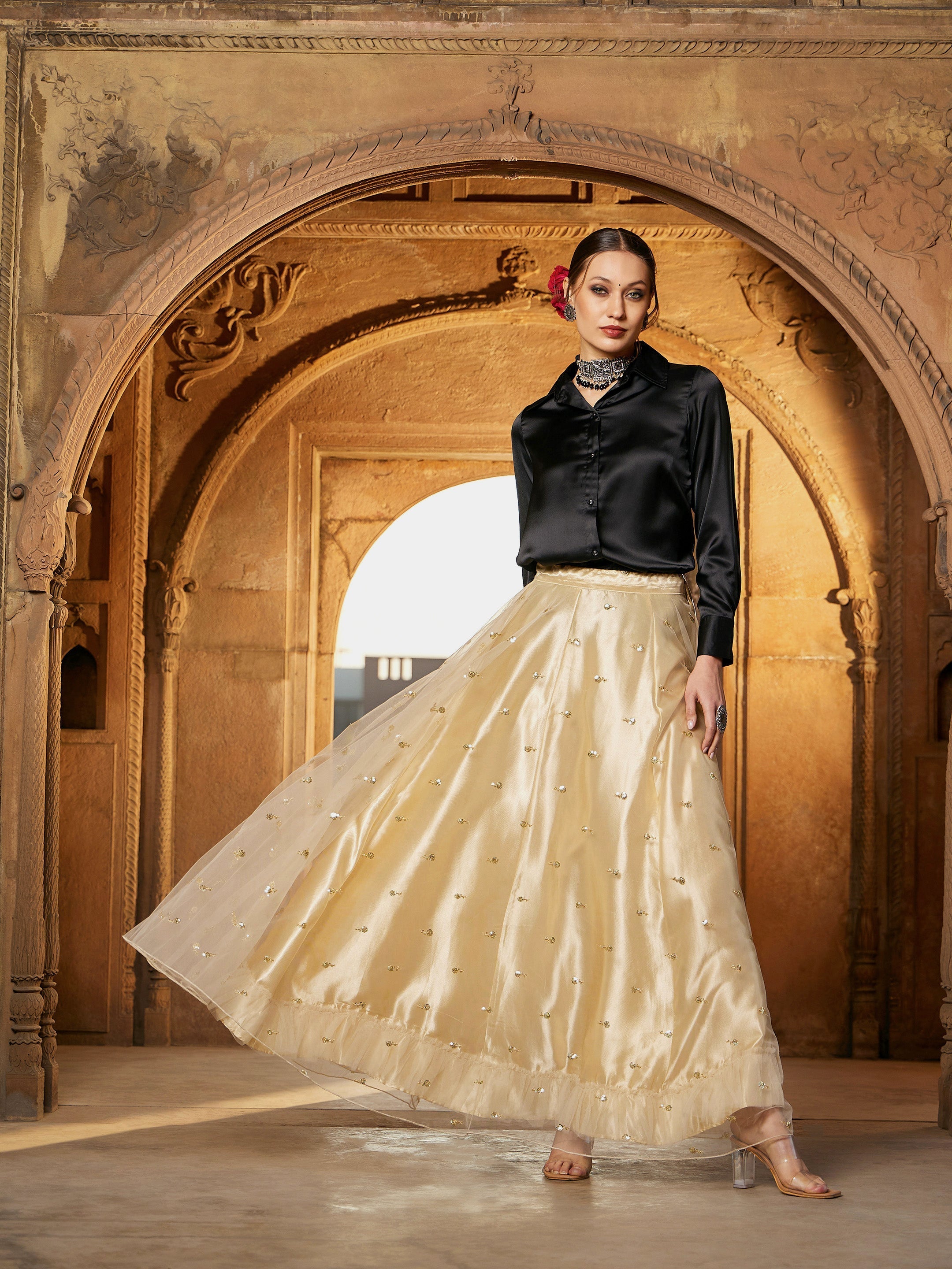 Women's Gold Tulle Sequin Anarkali Skirt - SASSAFRAS