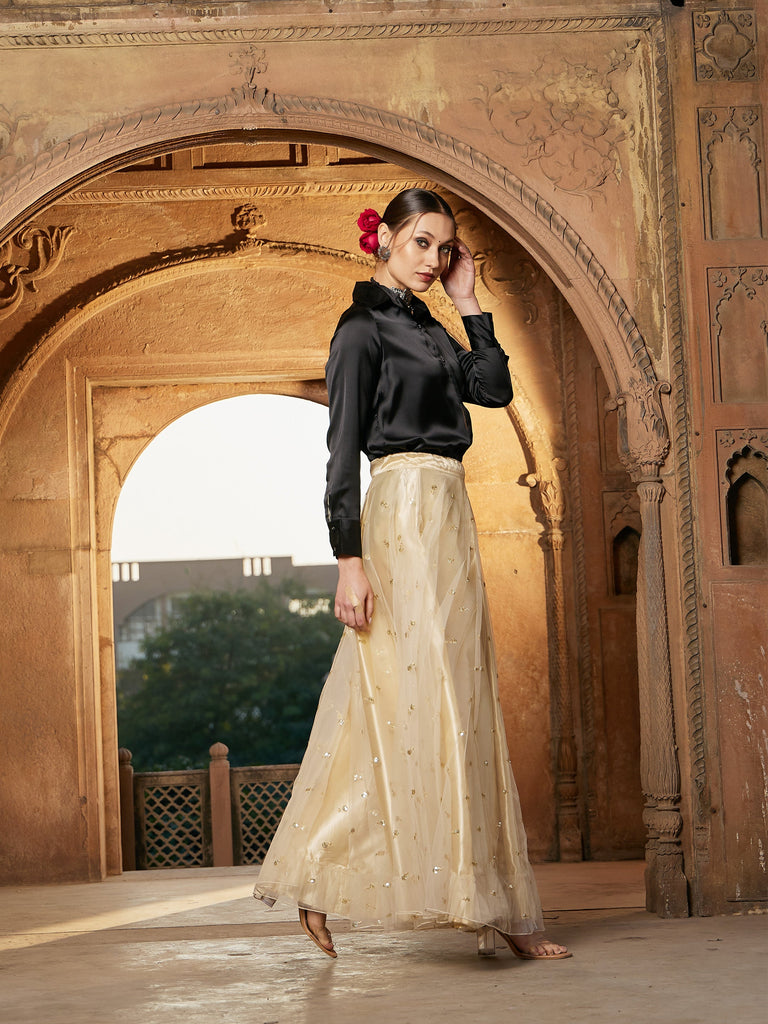 Women's Gold Tulle Sequin Anarkali Skirt