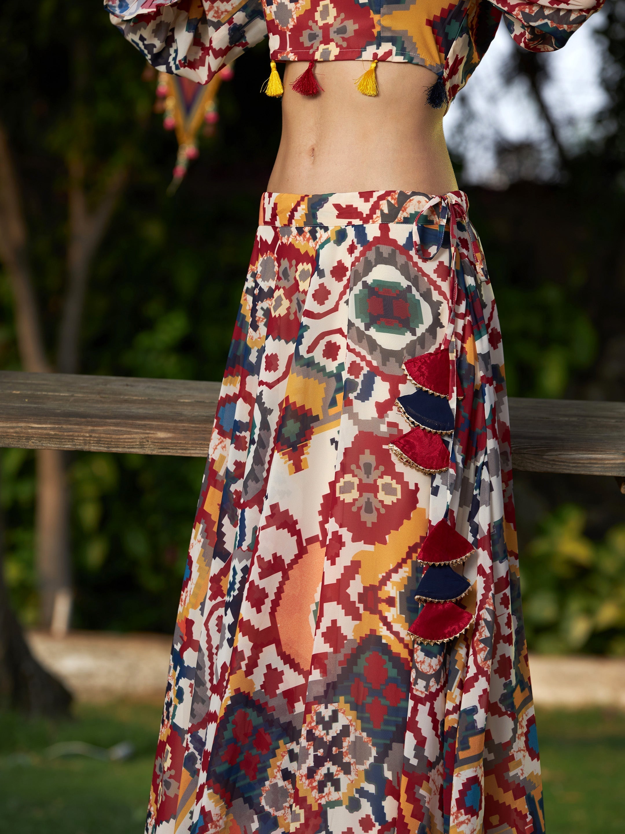 Women's Beige Ikat Print Bias Flared Skirt - SASSAFRAS