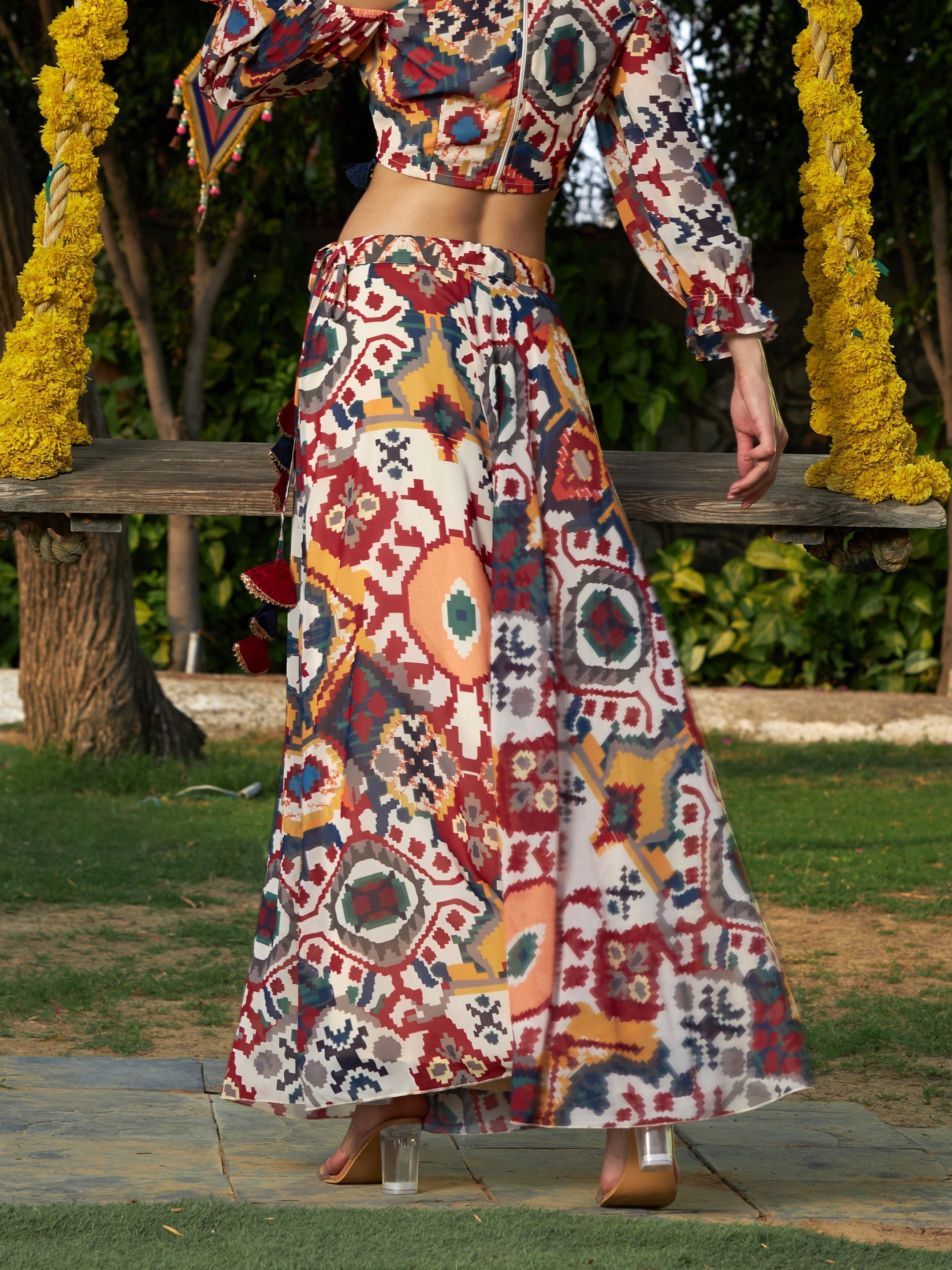 Women's Beige Ikat Print Bias Flared Skirt - SASSAFRAS