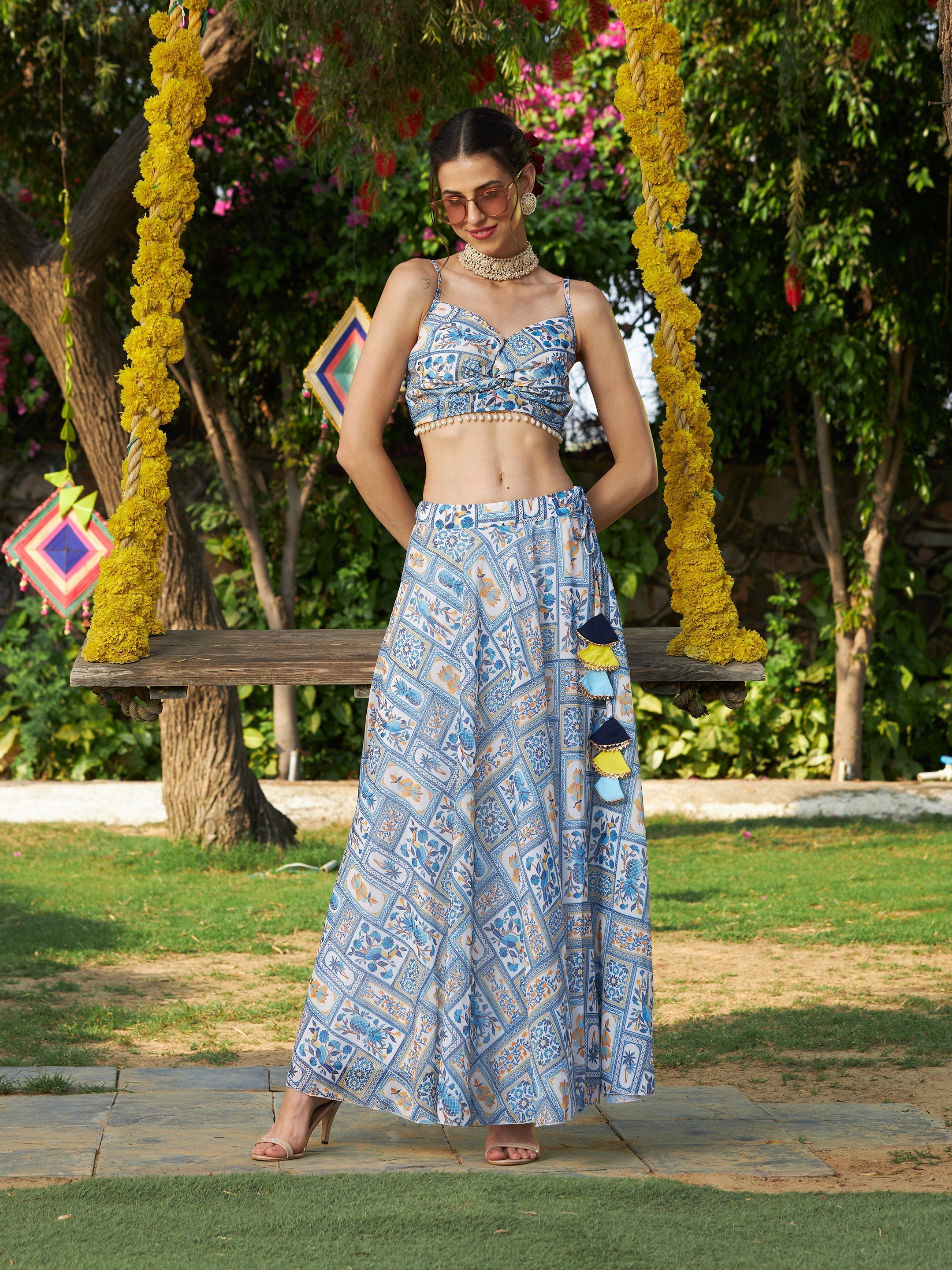 Women's Blue Floral Bias Flared Skirt - SASSAFRAS