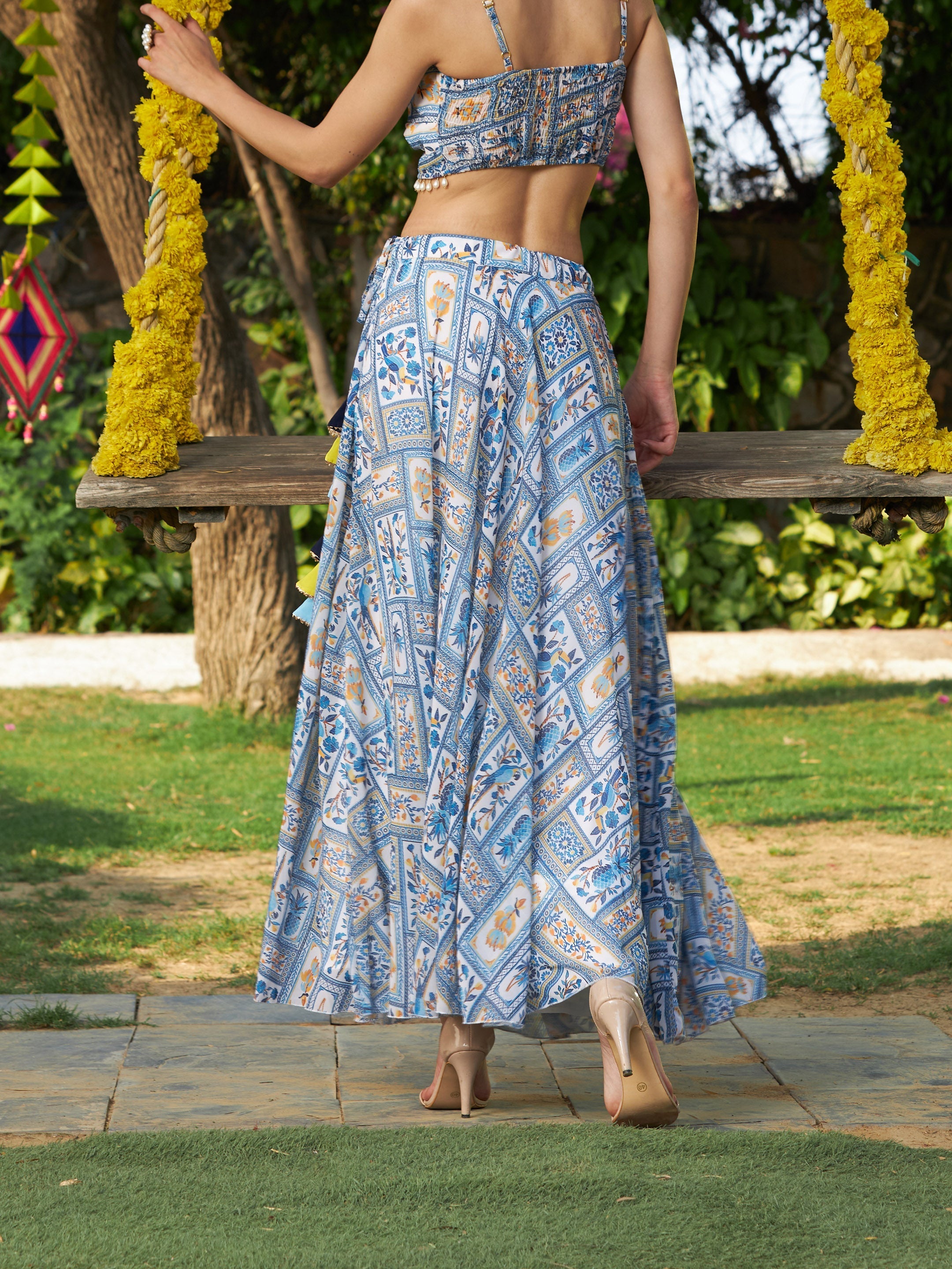 Women's Blue Floral Bias Flared Skirt - SASSAFRAS