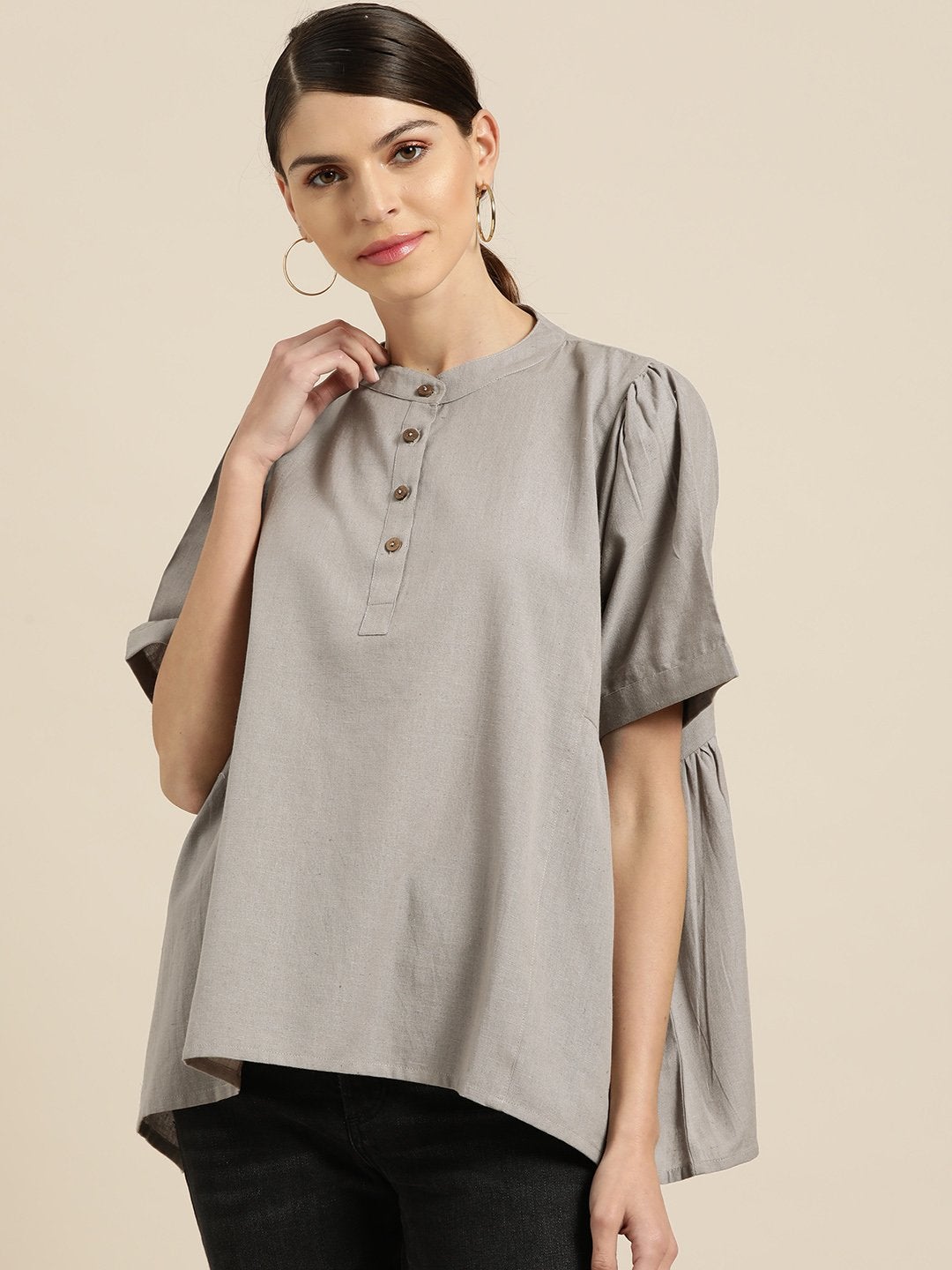 Women's Grey Kimono Sleeve Boxy Top - SASSAFRAS