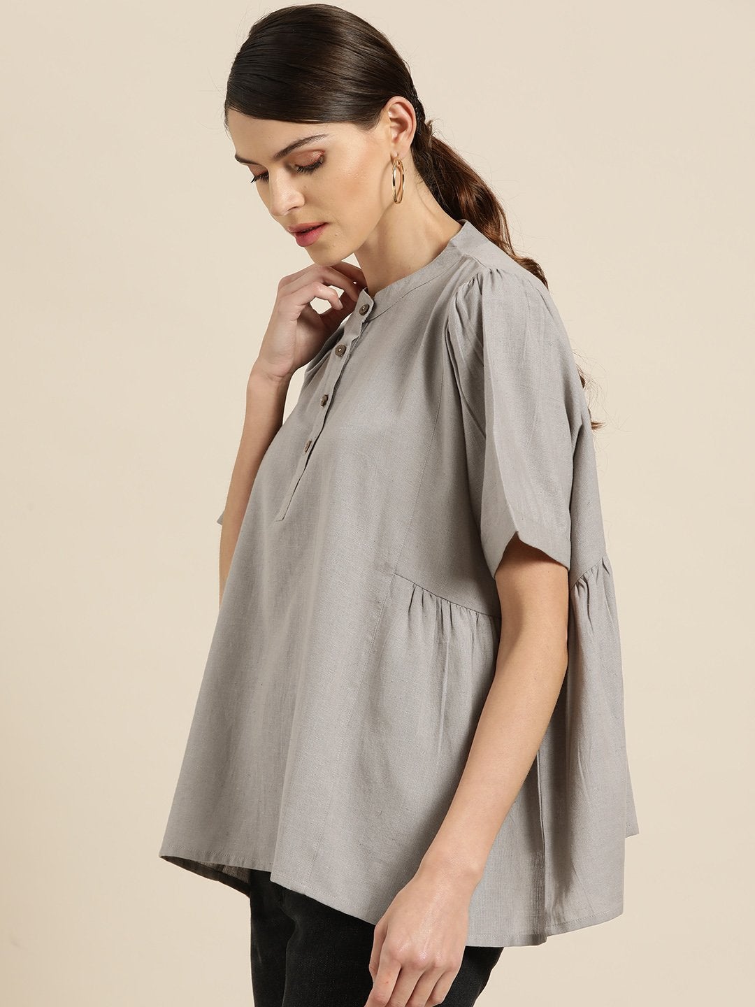 Women's Grey Kimono Sleeve Boxy Top - SASSAFRAS