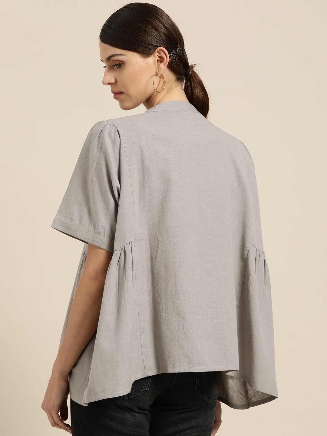 Women's Grey Kimono Sleeve Boxy Top - SASSAFRAS