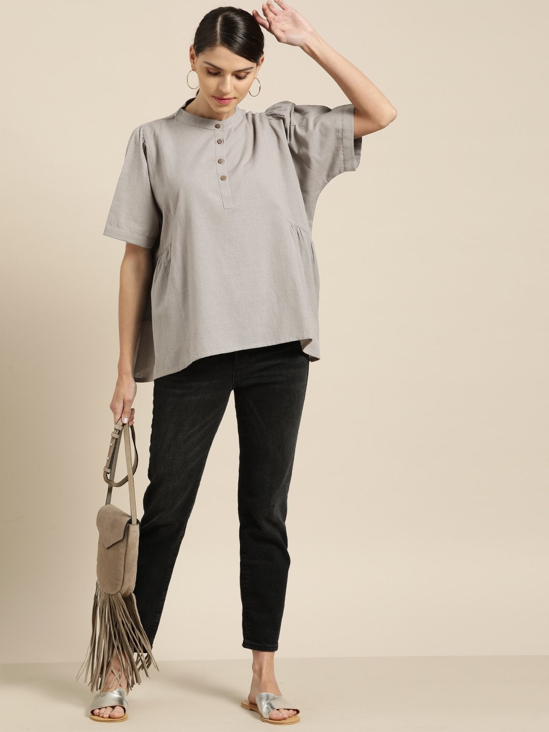 Women's Grey Kimono Sleeve Boxy Top - SASSAFRAS