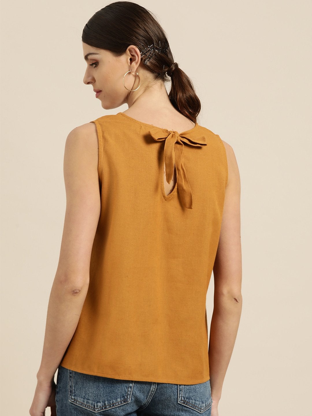 Women's Brown Sleeveless Back Tie Up Top - SASSAFRAS