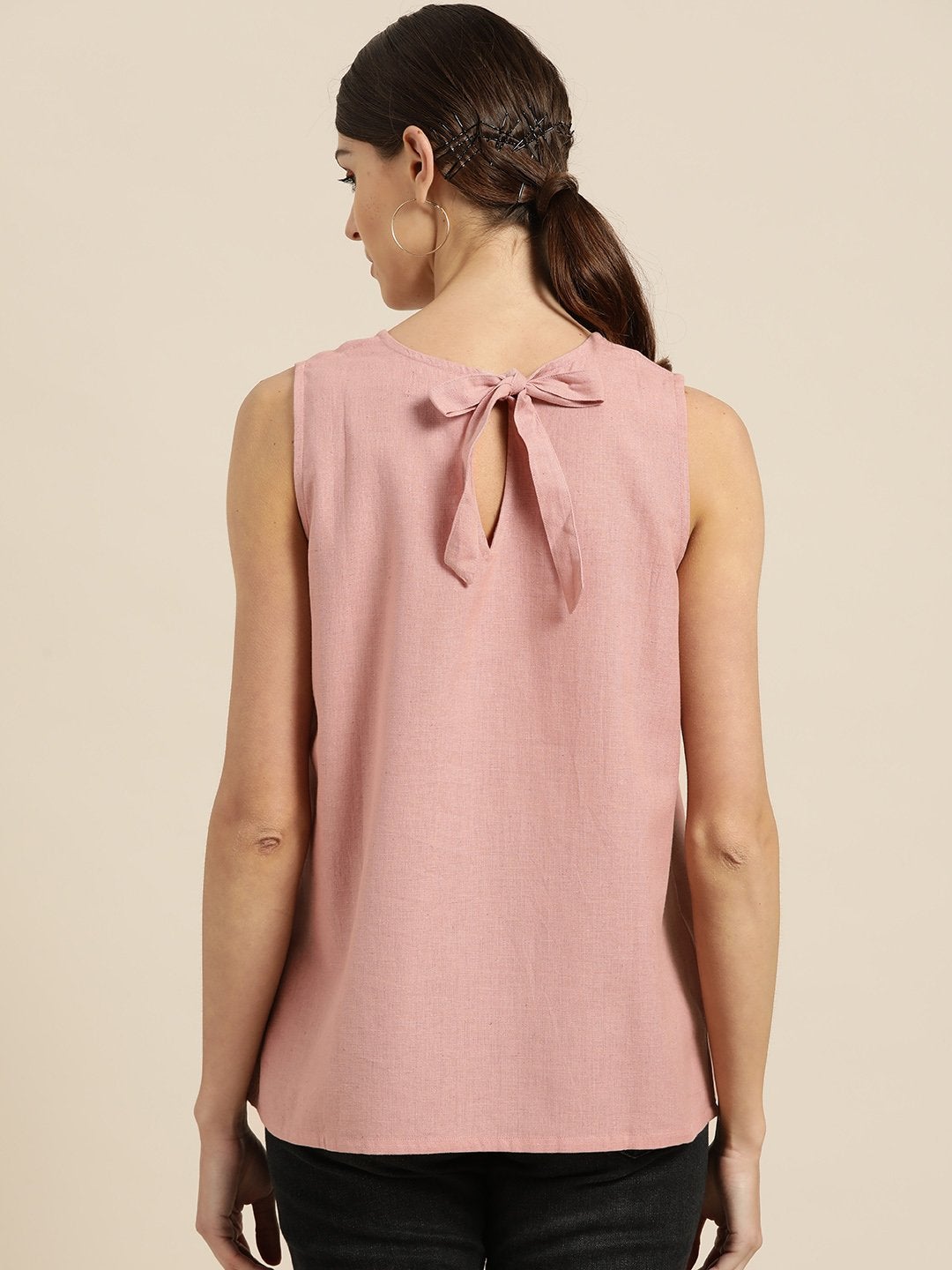 Women's Baked Pink Sleeveless Back Tie Up Top - SASSAFRAS