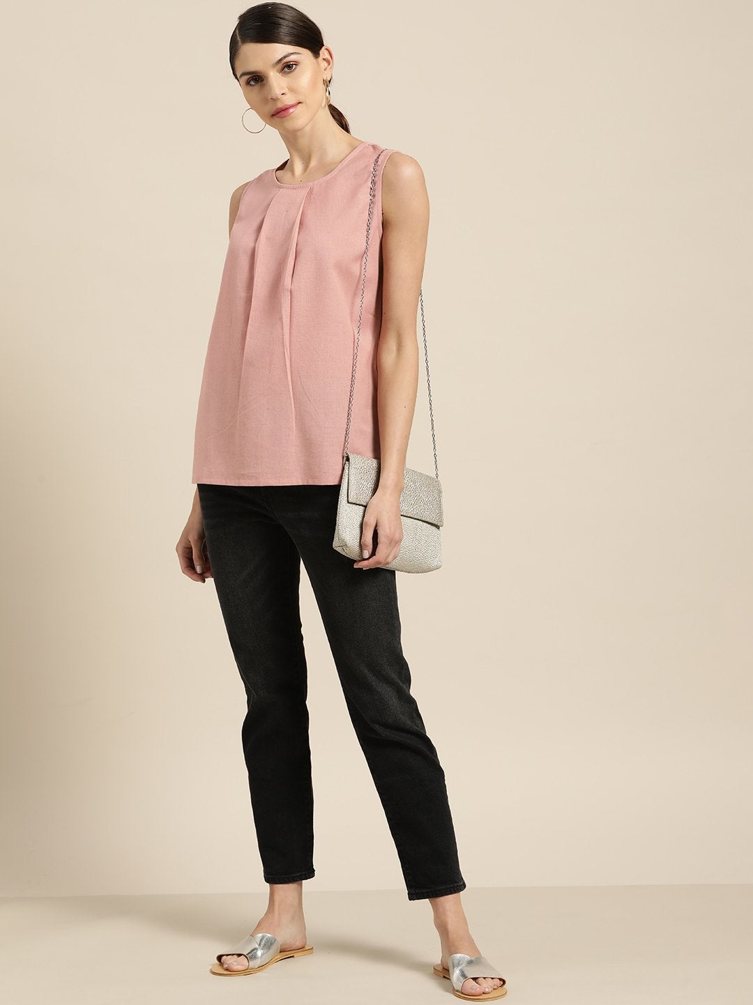 Women's Baked Pink Sleeveless Back Tie Up Top - SASSAFRAS