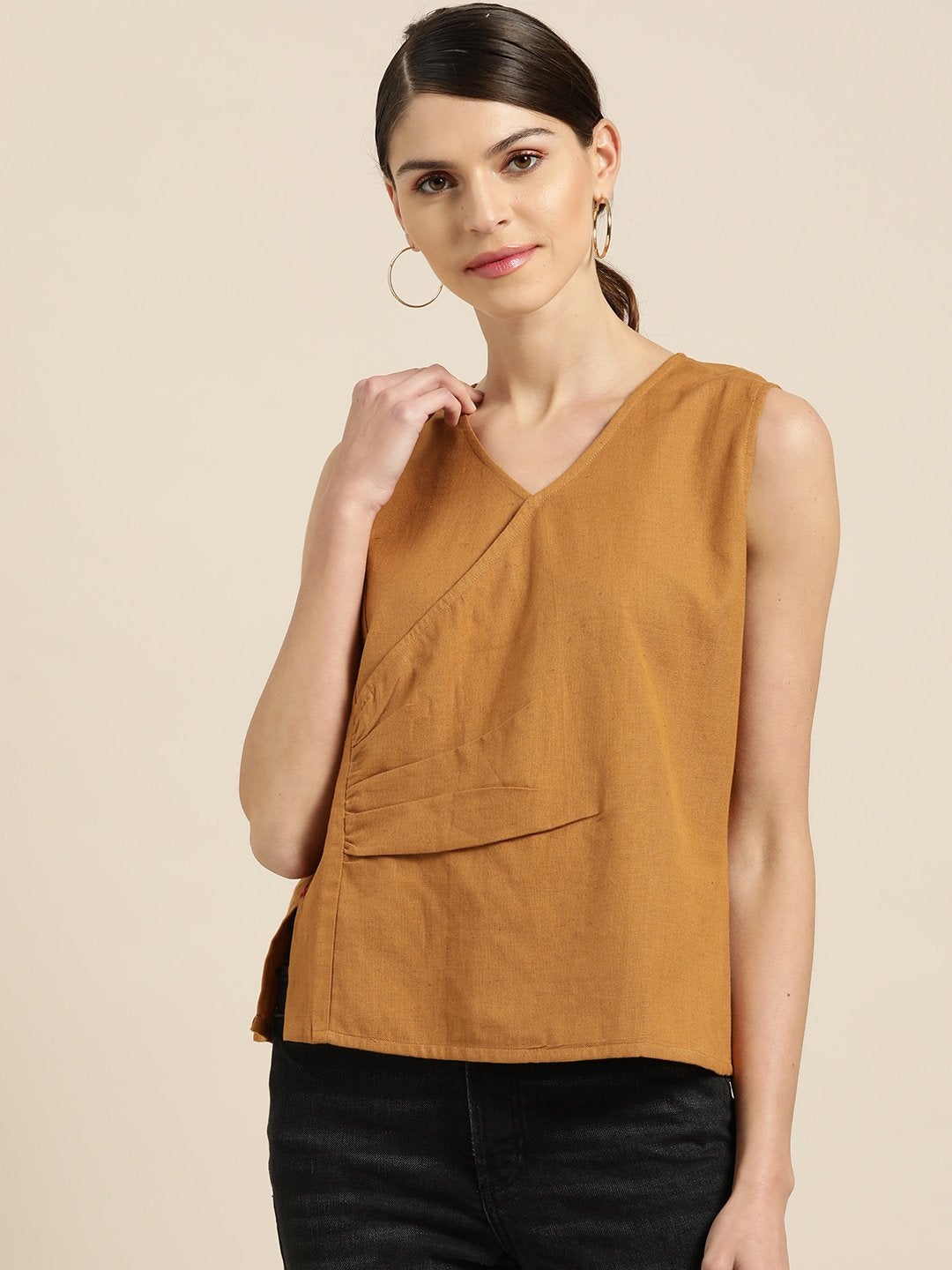 Women's Brown Wrap Sleeveless Top - SASSAFRAS