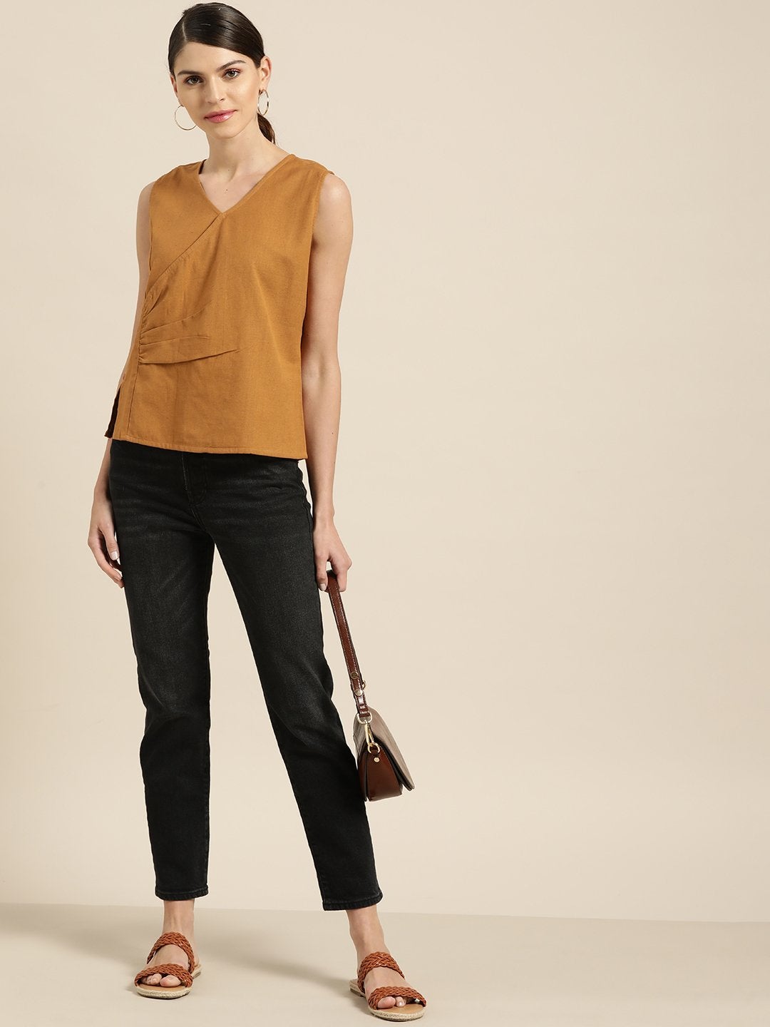 Women's Brown Wrap Sleeveless Top - SASSAFRAS