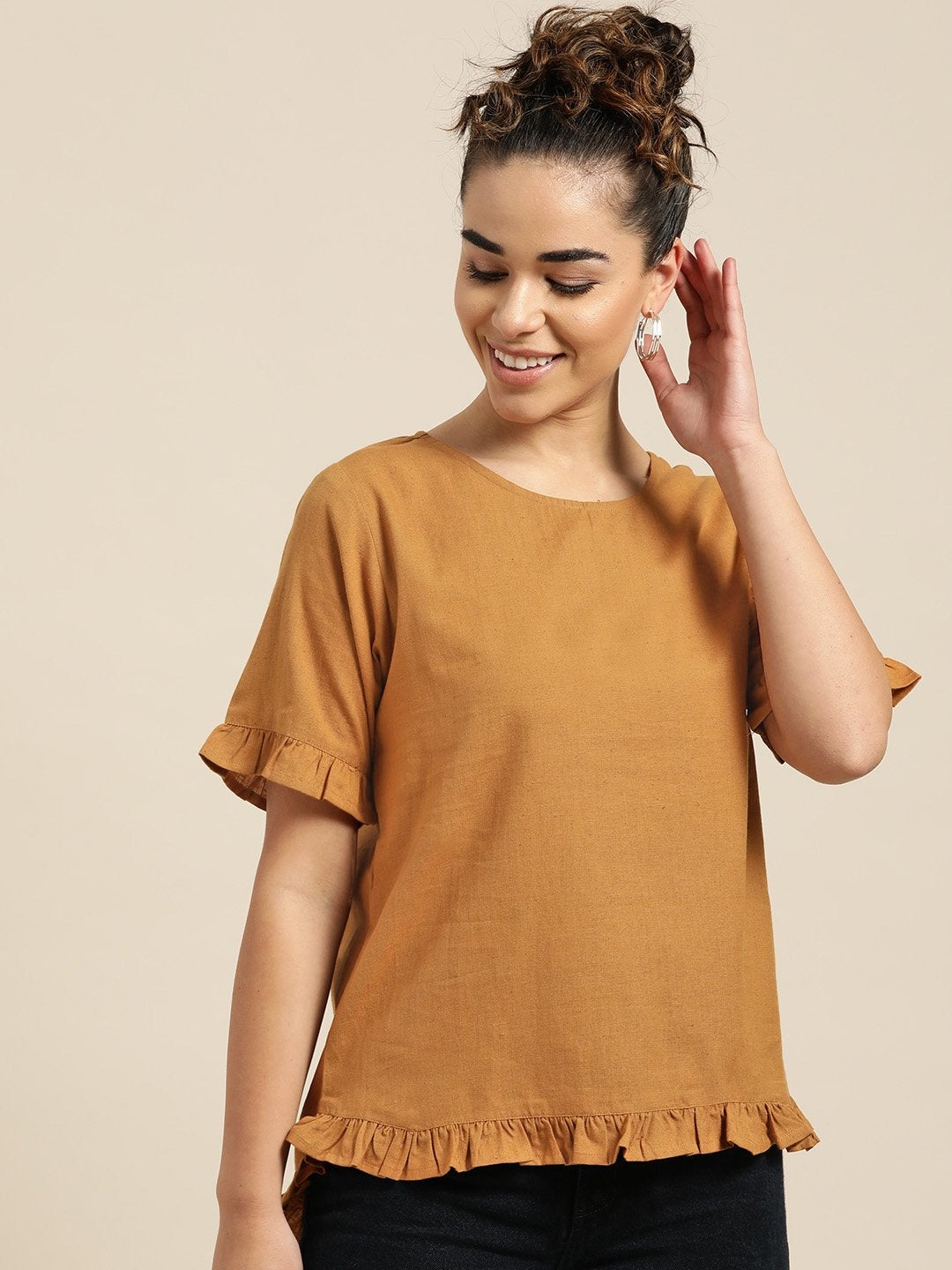 Women's Brown Frill Detail Top - SASSAFRAS