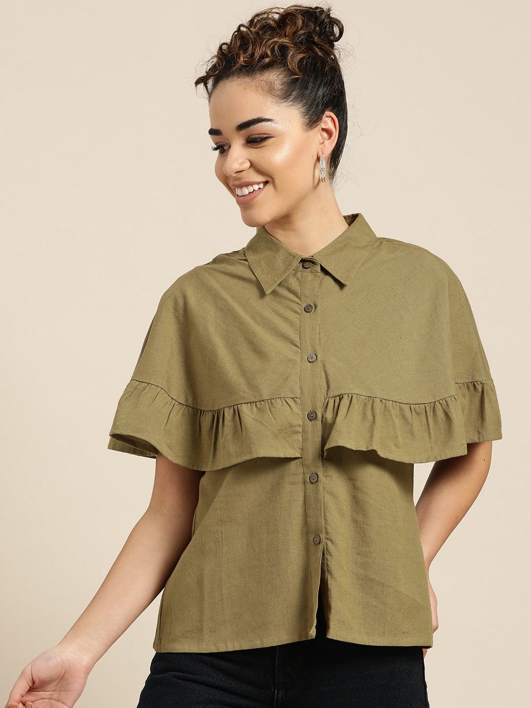 Women's Olive Button Placket Cape Blouse - SHAE