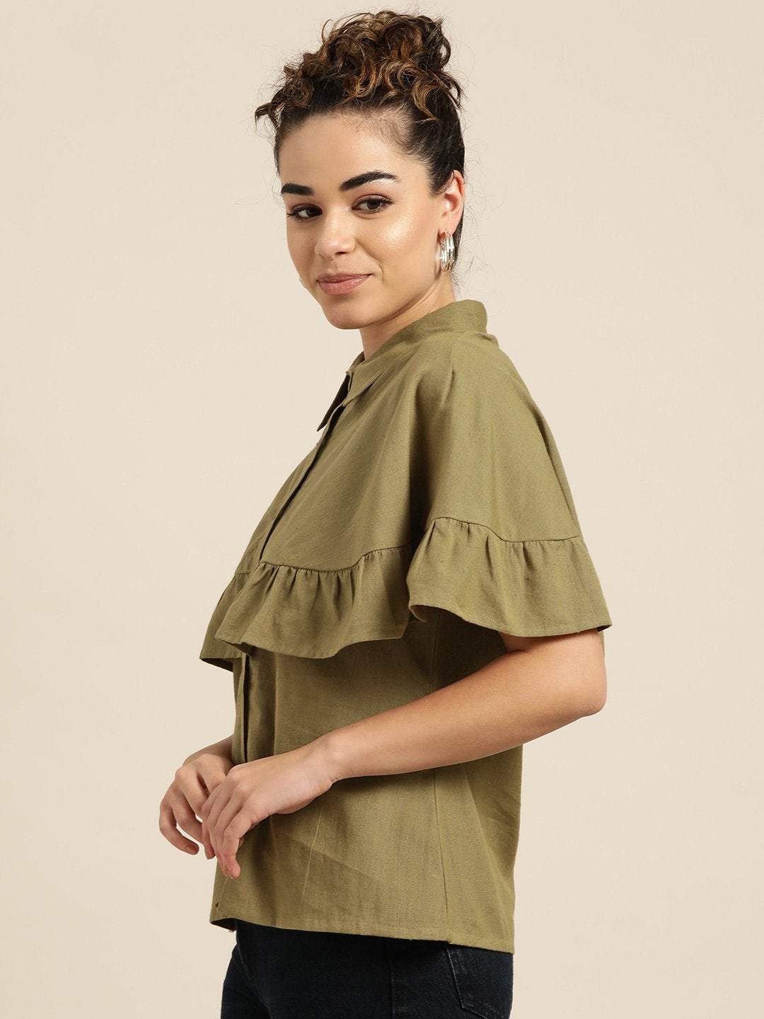 Women's Olive Button Placket Cape Blouse - SHAE