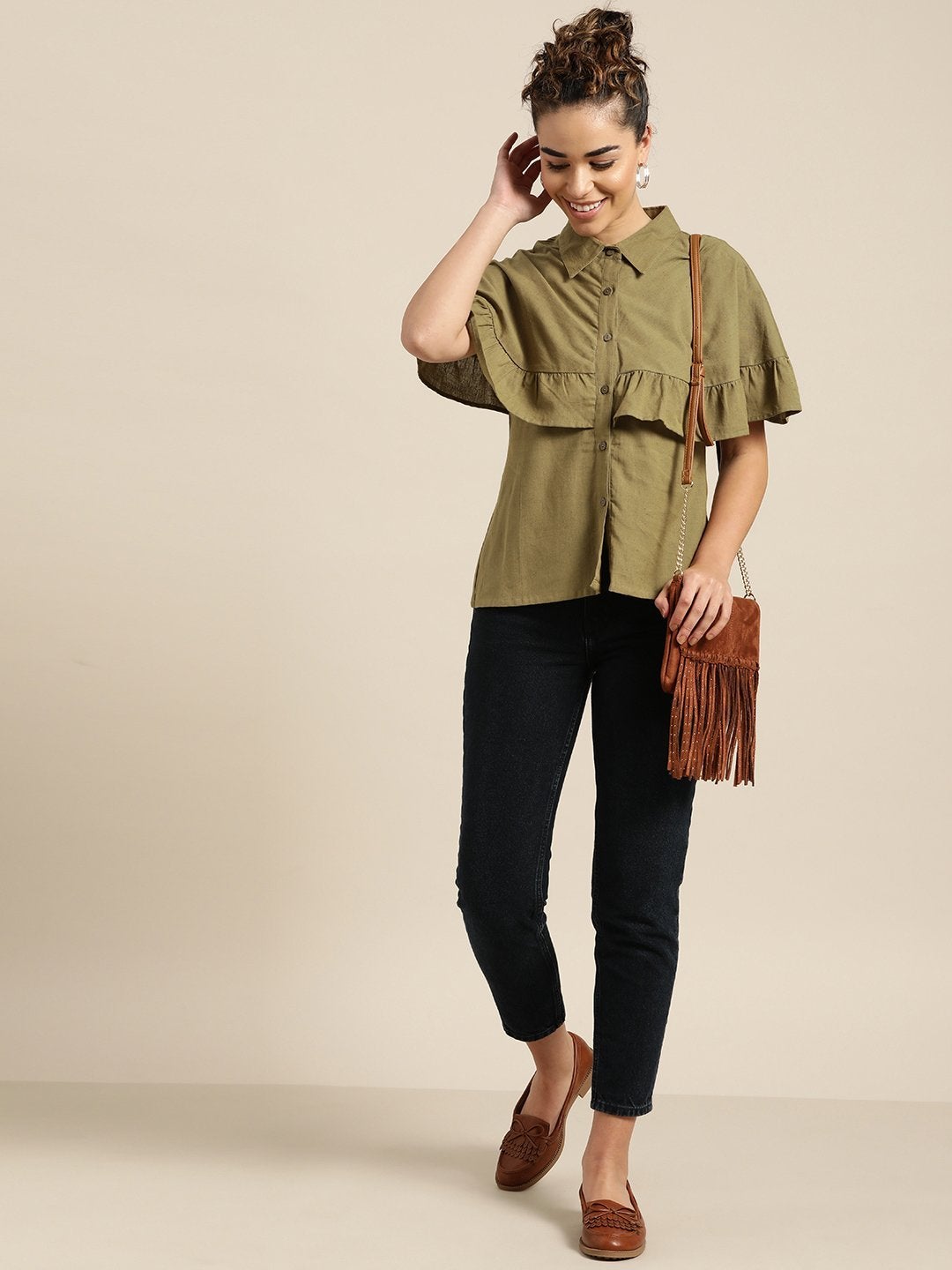 Women's Olive Button Placket Cape Blouse - SHAE