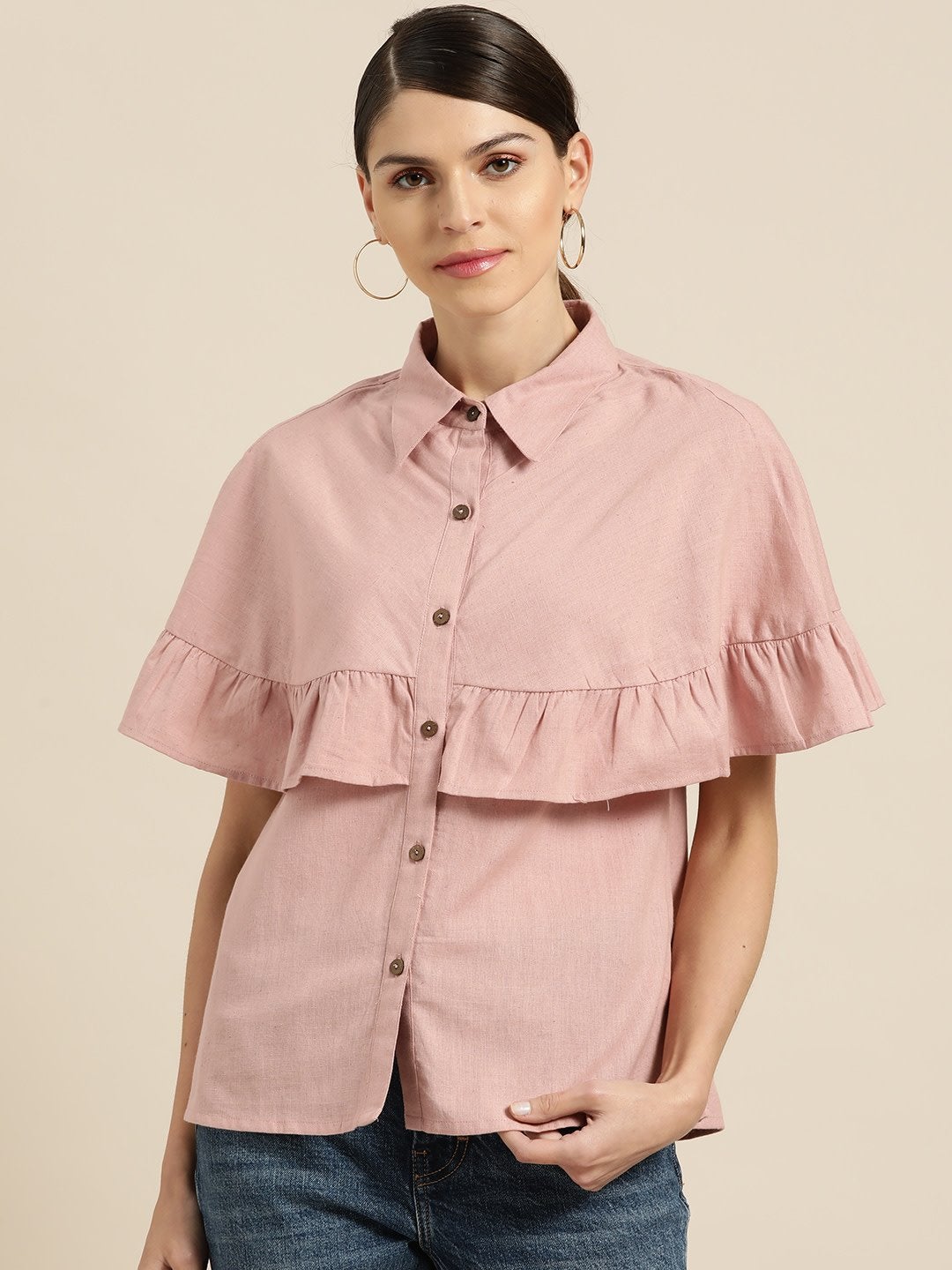 Women's Baked Pink Button Placket Cape Blouse - SHAE