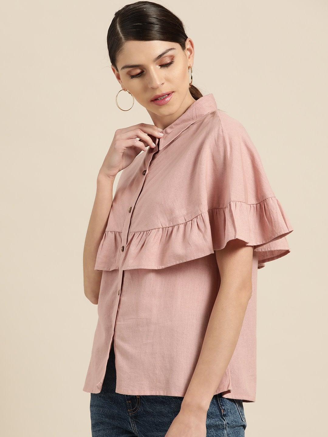 Women's Baked Pink Button Placket Cape Blouse - SHAE