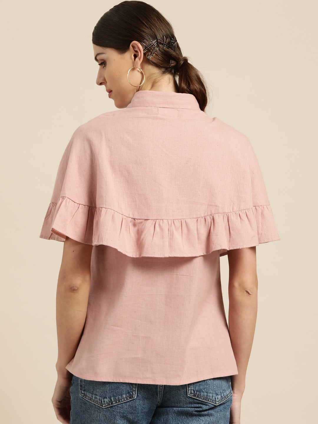 Women's Baked Pink Button Placket Cape Blouse - SHAE