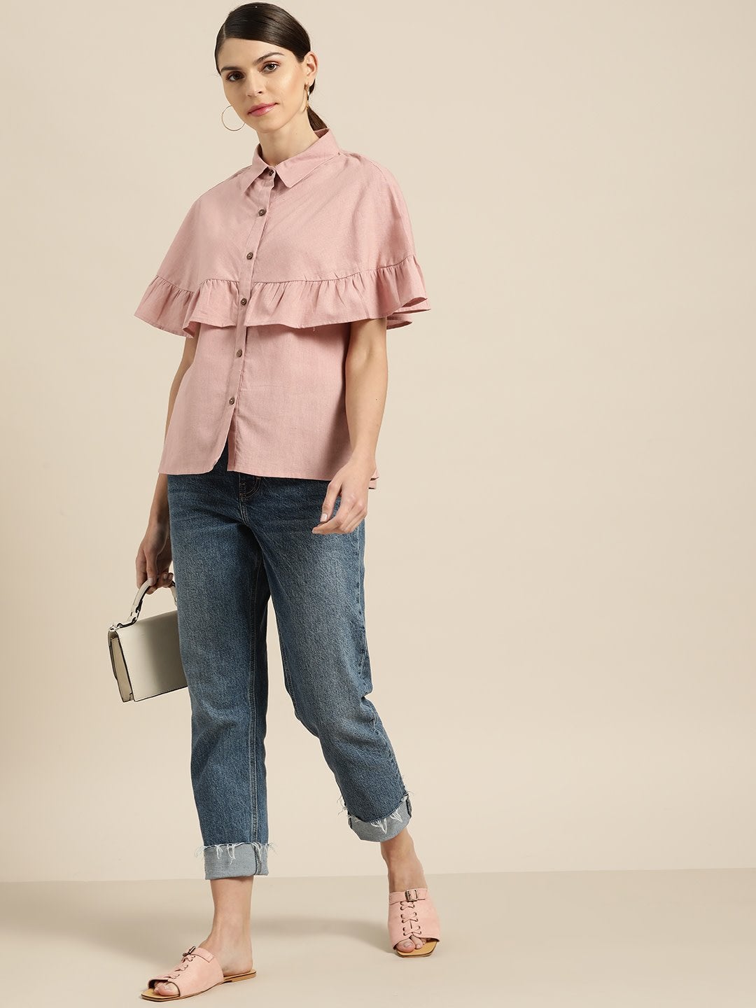 Women's Baked Pink Button Placket Cape Blouse - SHAE