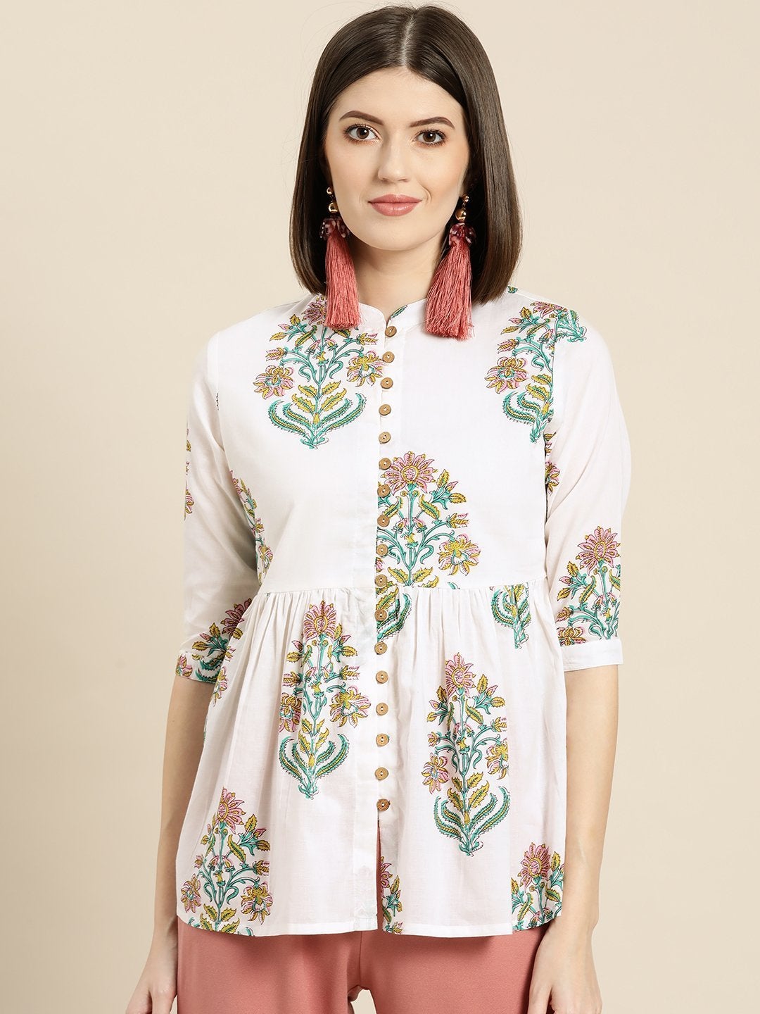 Women's White Floral Front Button Gathered Top - SASSAFRAS